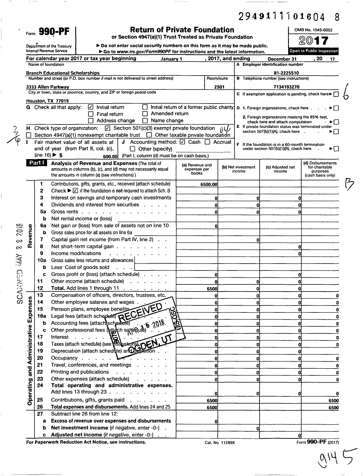 Image of first page of 2017 Form 990PF for Branch Educational Scholarships