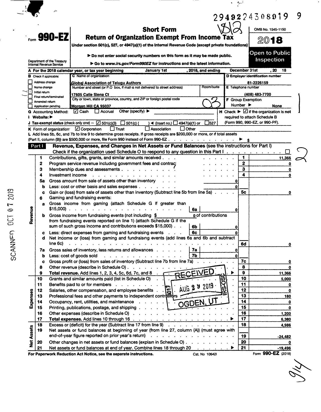Image of first page of 2018 Form 990EZ for Global Association of Telugu Authors