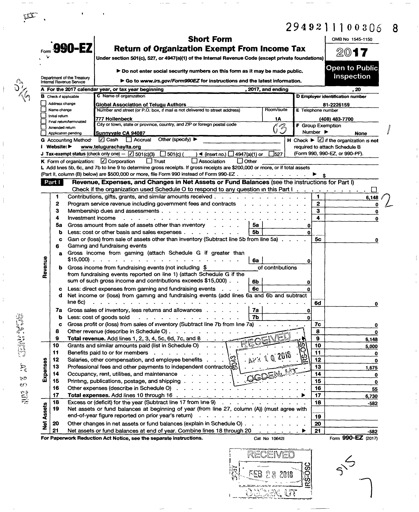 Image of first page of 2017 Form 990EZ for Global Association of Telugu Authors