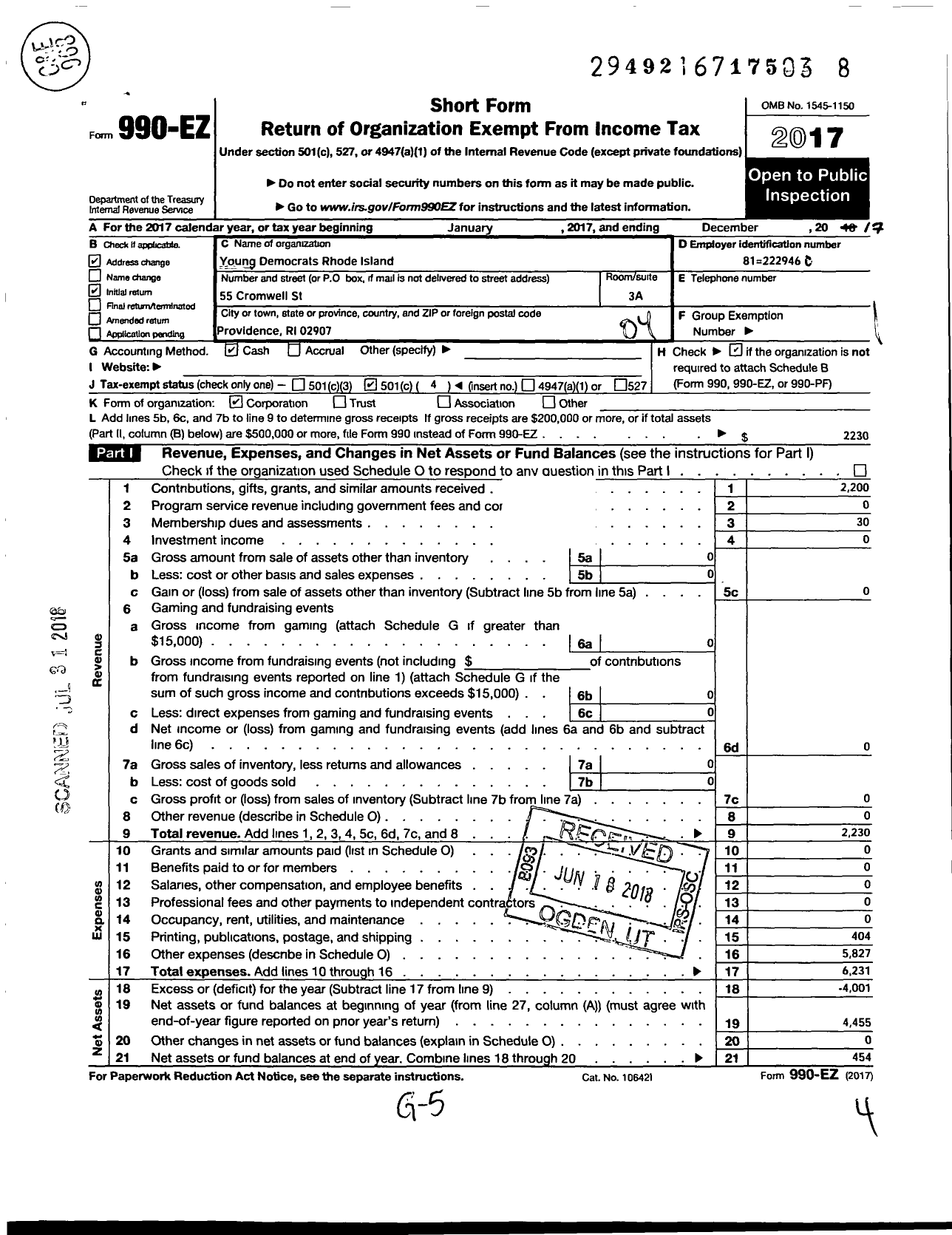 Image of first page of 2017 Form 990EO for Young Democrats Rhode Island