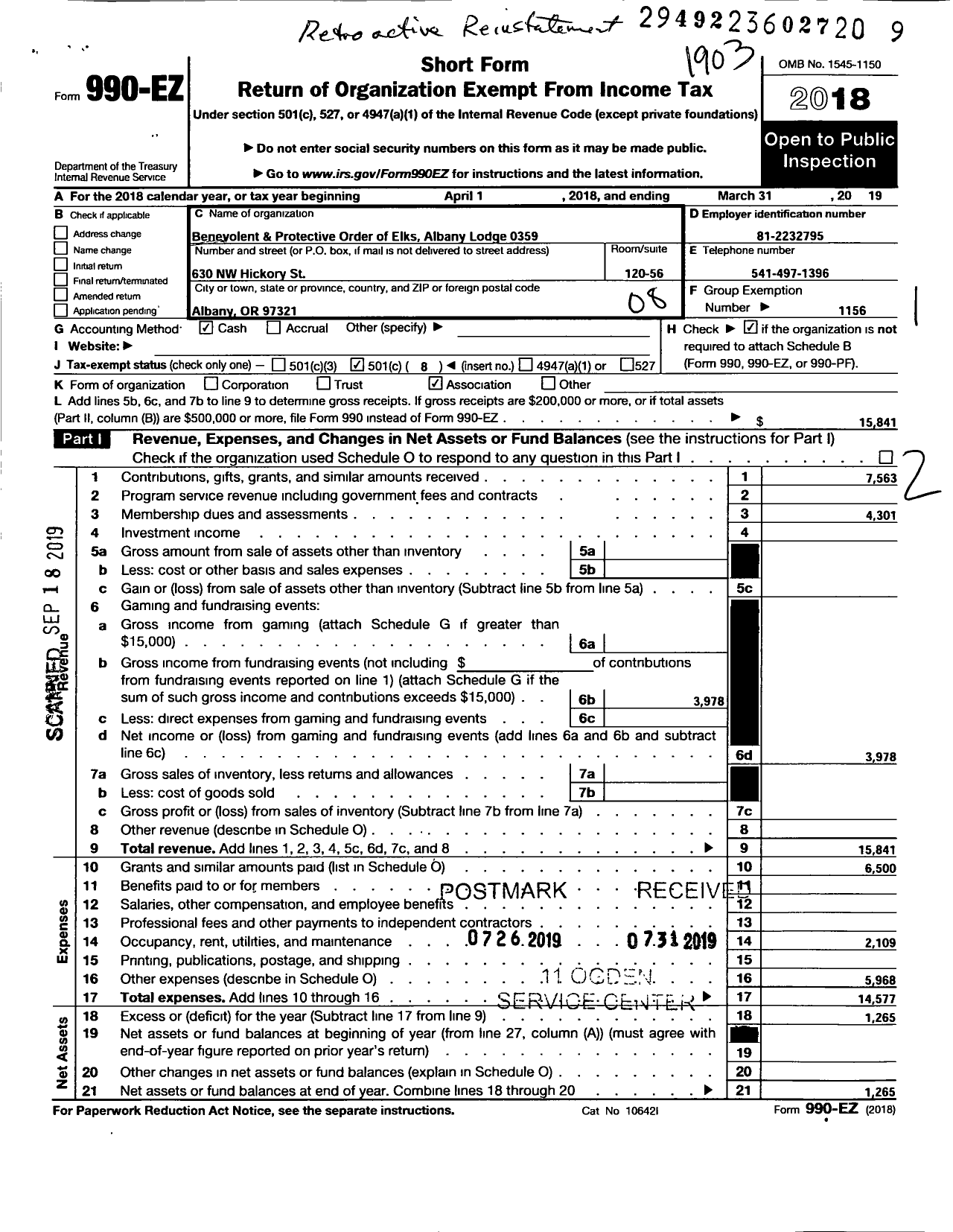 Image of first page of 2018 Form 990EO for Albany Or Lodge 0359 of the Benevolent and Protective Order