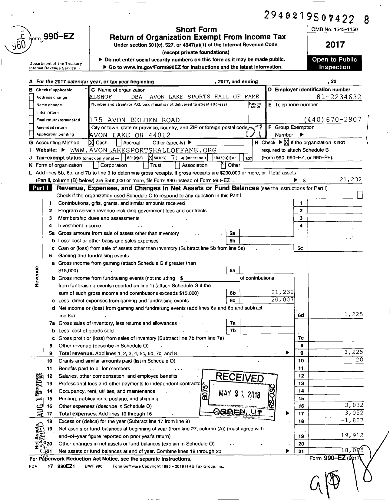 Image of first page of 2017 Form 990EO for Avon Lake Sports Hall of Fame (ALSHOF)