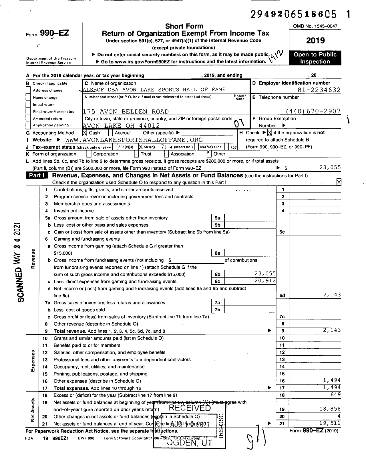 Image of first page of 2019 Form 990EO for Avon Lake Sports Hall of Fame (ALSHOF)