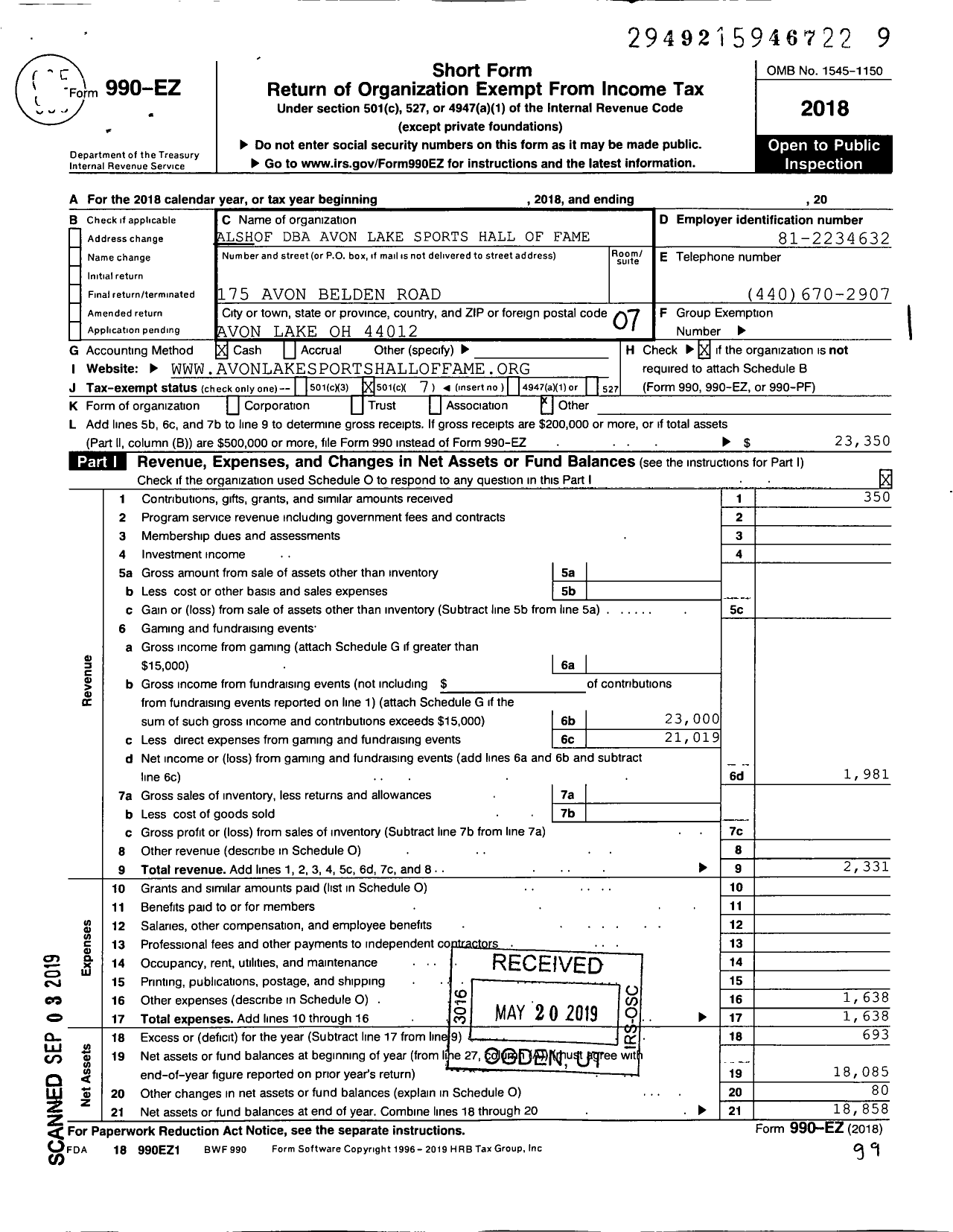 Image of first page of 2018 Form 990EO for Avon Lake Sports Hall of Fame (ALSHOF)