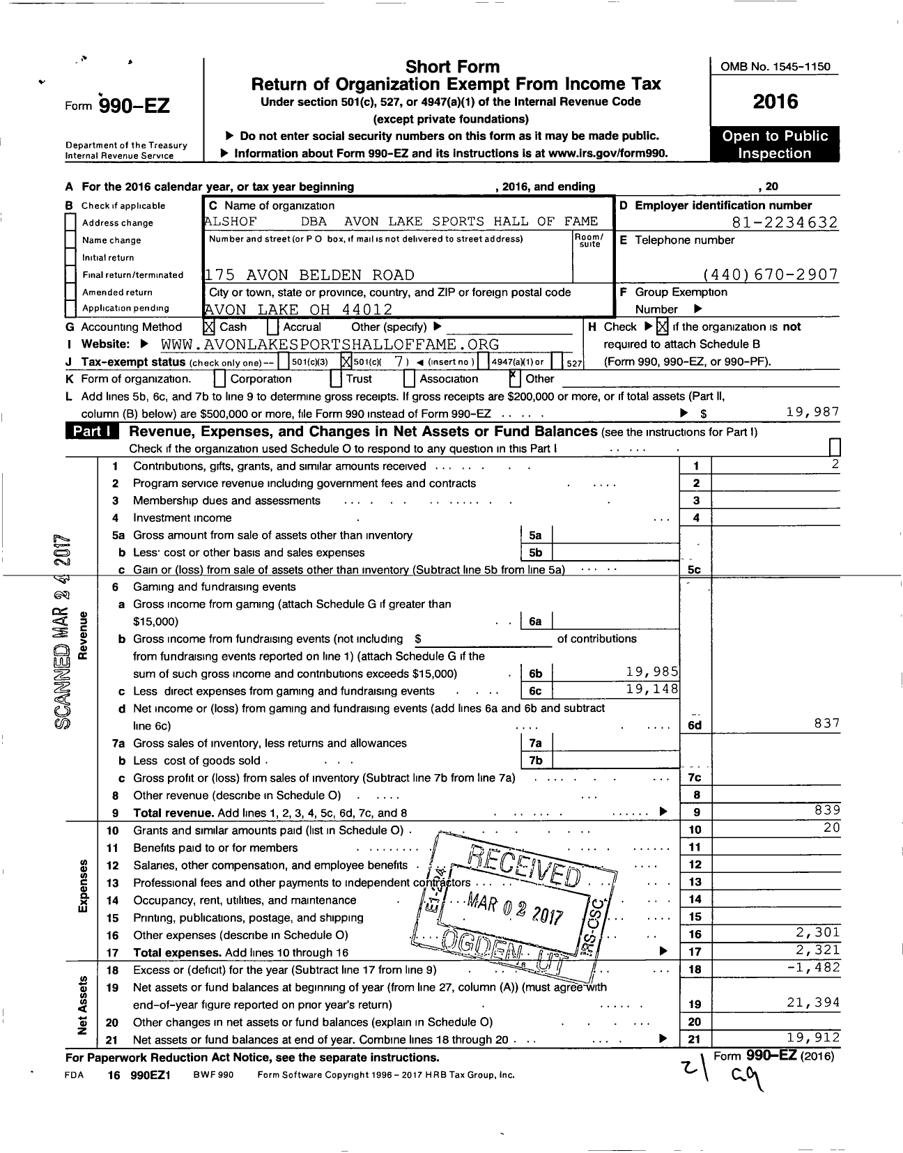 Image of first page of 2016 Form 990EO for Avon Lake Sports Hall of Fame (ALSHOF)