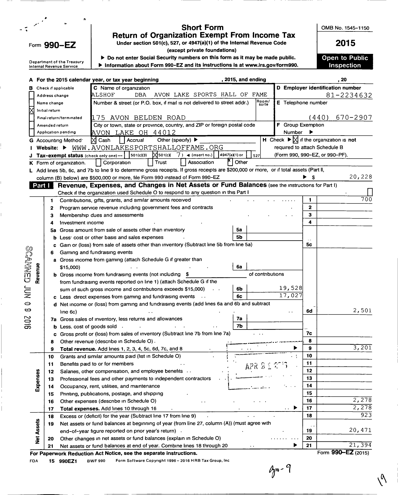 Image of first page of 2015 Form 990EO for Avon Lake Sports Hall of Fame (ALSHOF)