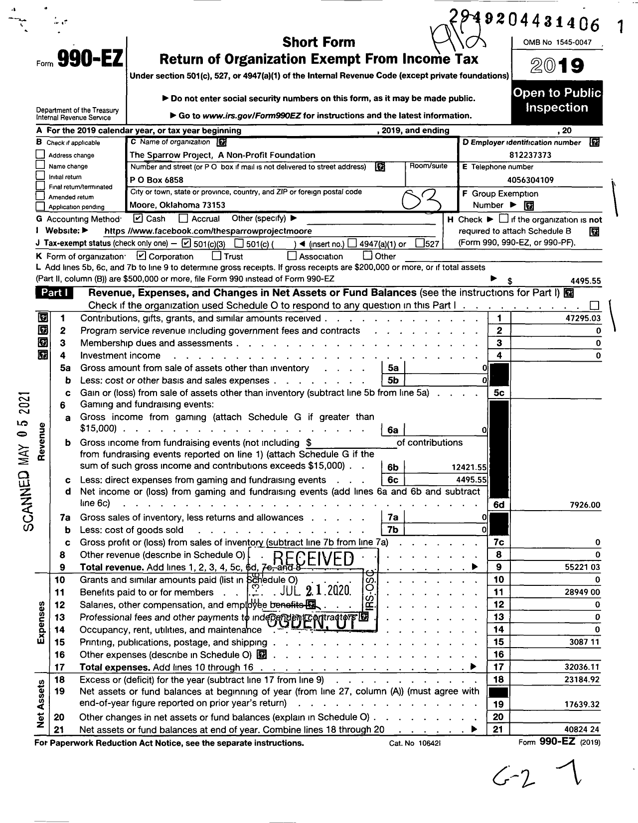 Image of first page of 2019 Form 990EZ for The Sparrow Project A Non-Profit Foundation