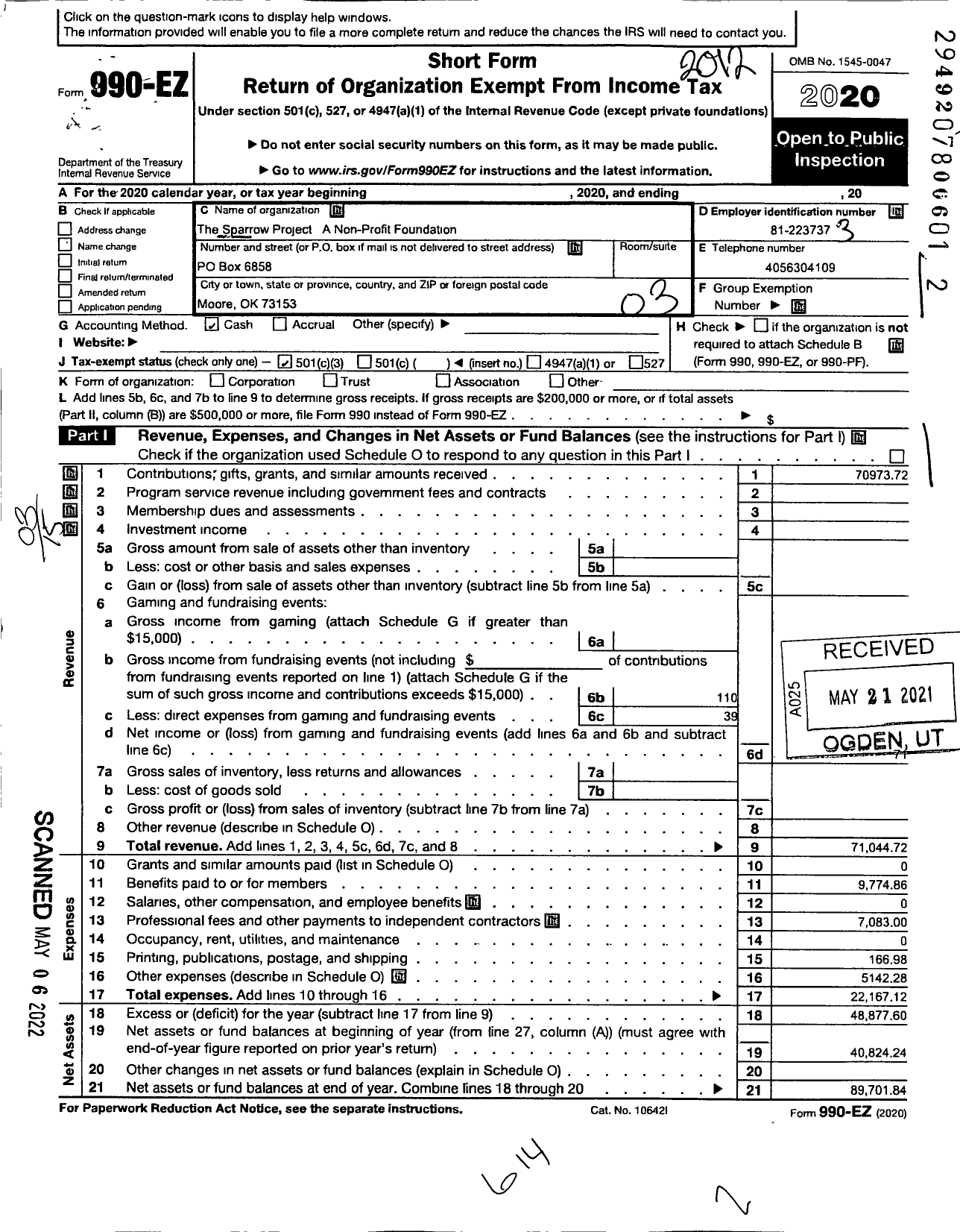 Image of first page of 2020 Form 990EZ for The Sparrow Project A Non-Profit Foundation