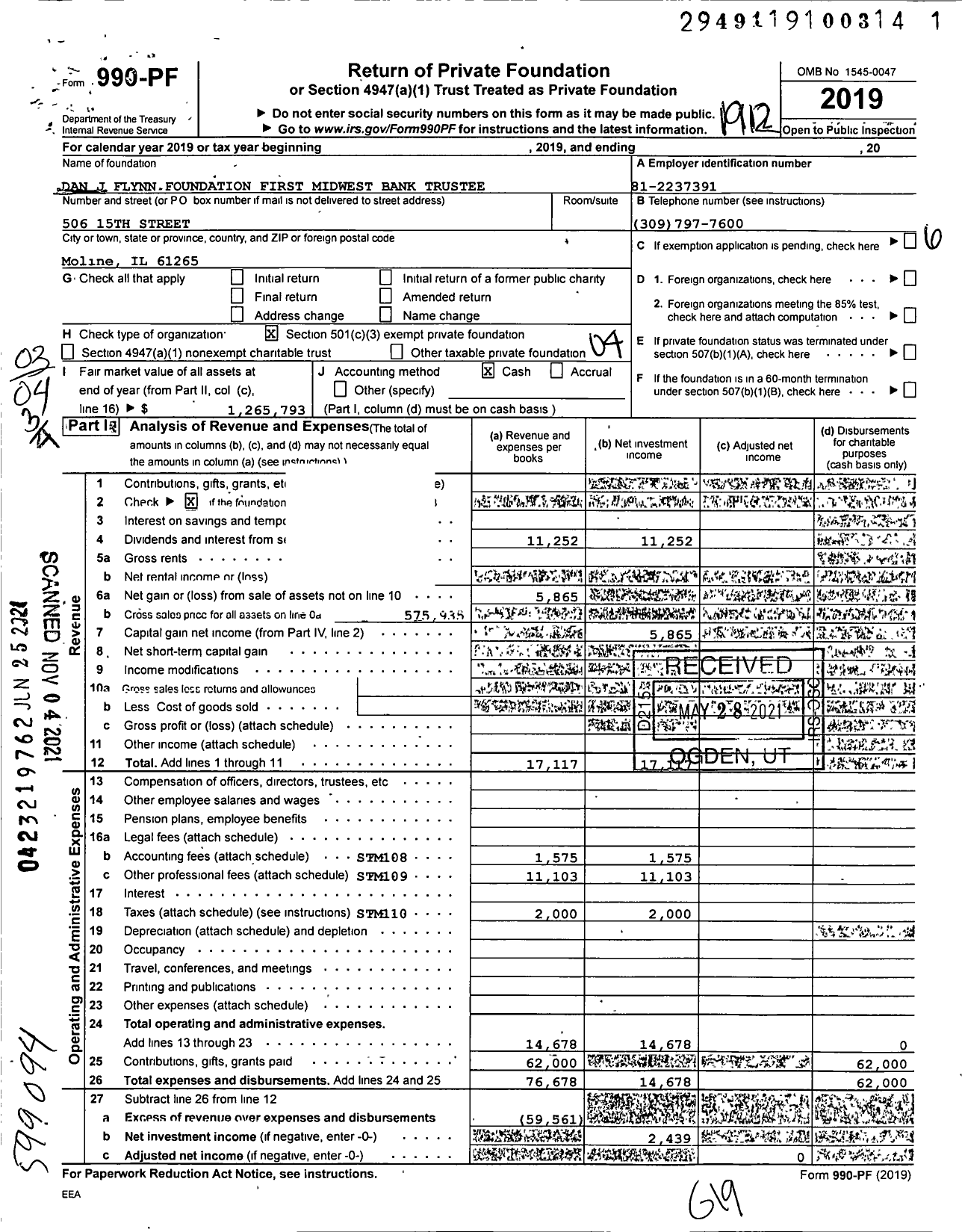 Image of first page of 2019 Form 990PF for Dan J Flynn Foundation Old National Wealth