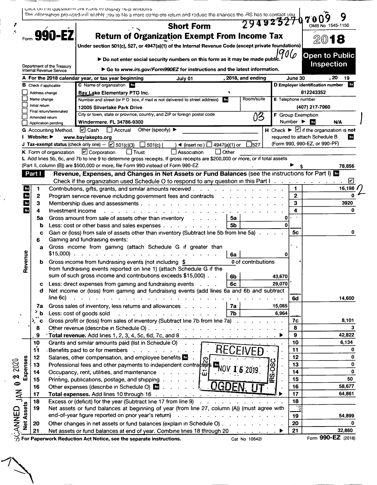 Image of first page of 2018 Form 990EZ for Bay Lake Elementary PTO
