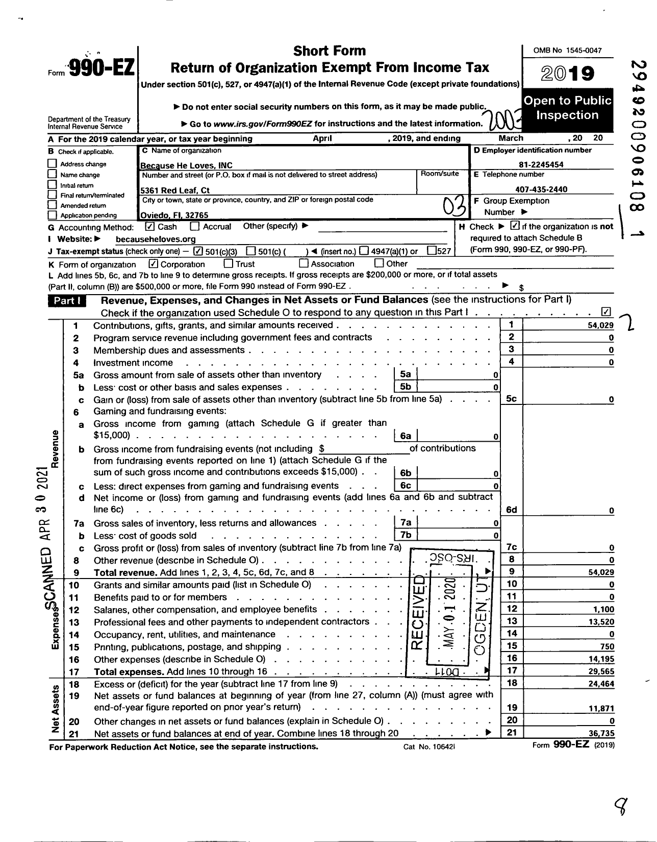 Image of first page of 2019 Form 990EZ for Because He Loves