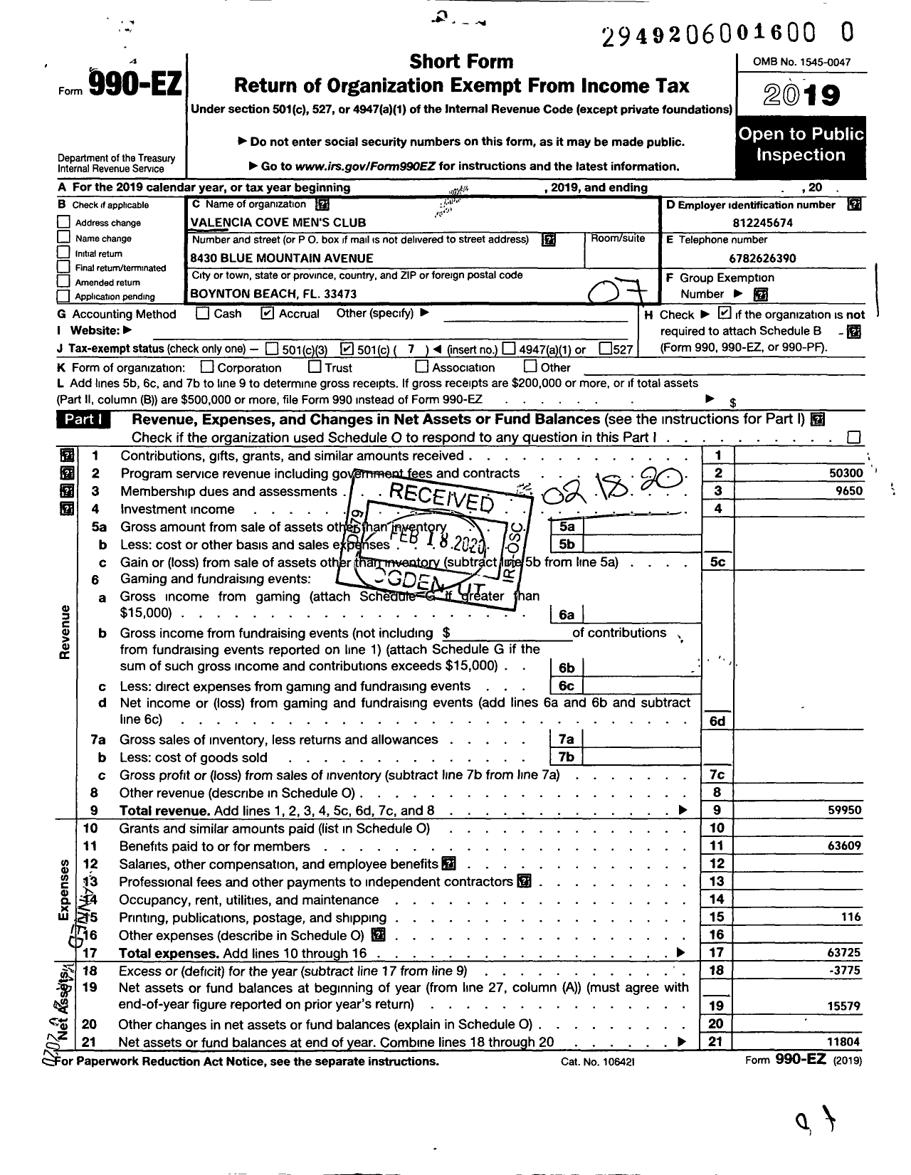 Image of first page of 2019 Form 990EO for Valencia Cove Men's Club