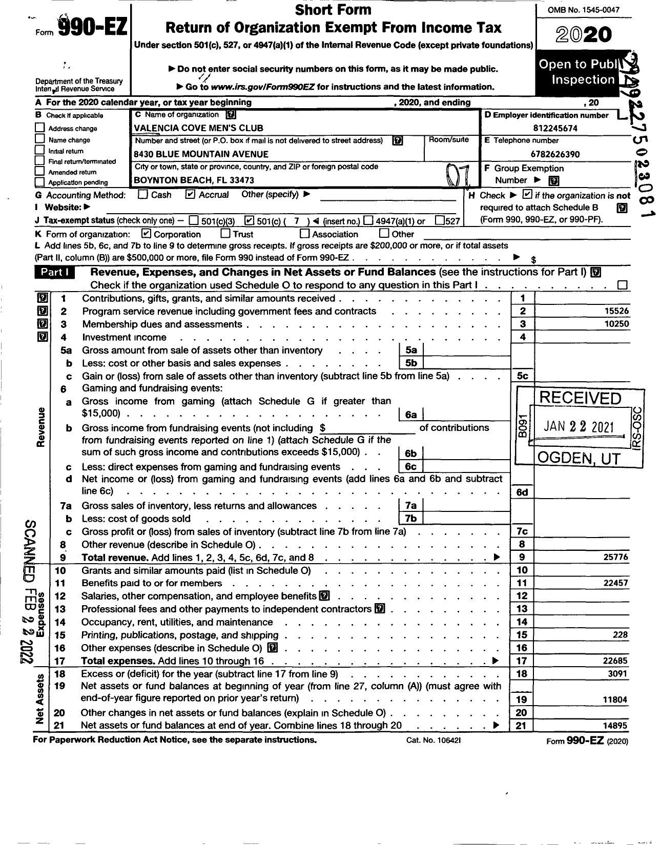 Image of first page of 2020 Form 990EO for Valencia Cove Men's Club