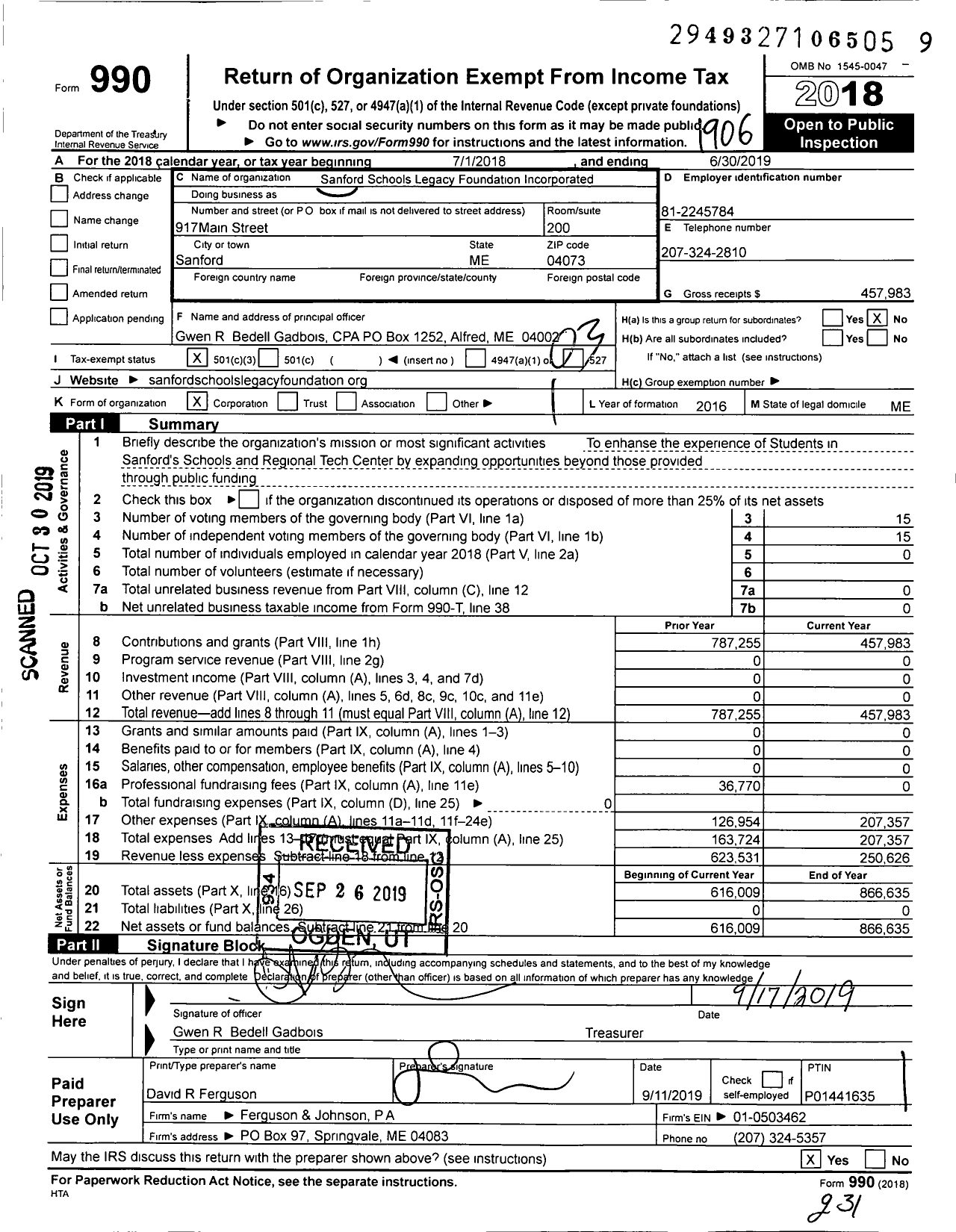 Image of first page of 2018 Form 990 for Sanford Schools Legacy Foundation Incorporated