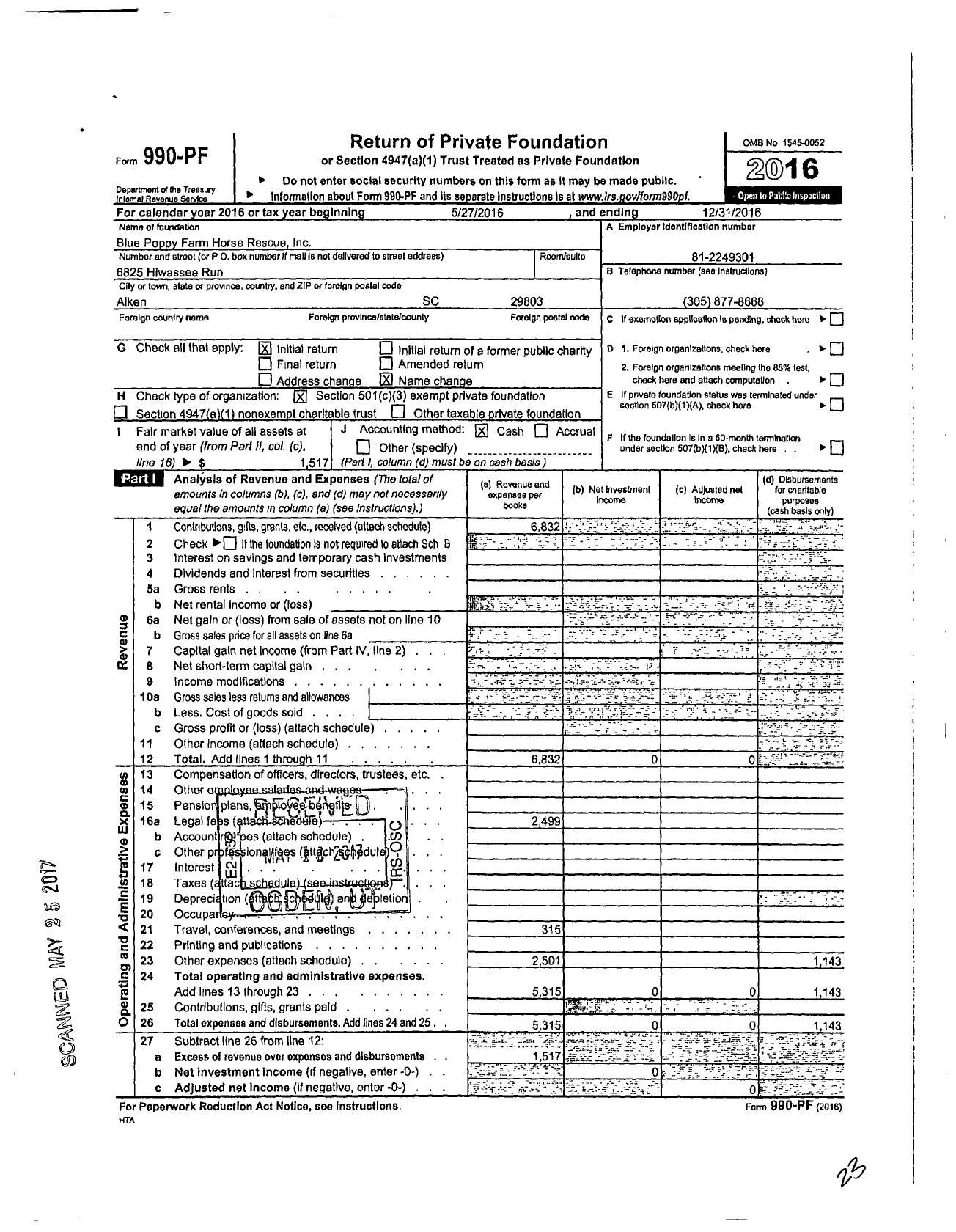 Image of first page of 2016 Form 990PF for Blue Poppy Farm Horse Rescue