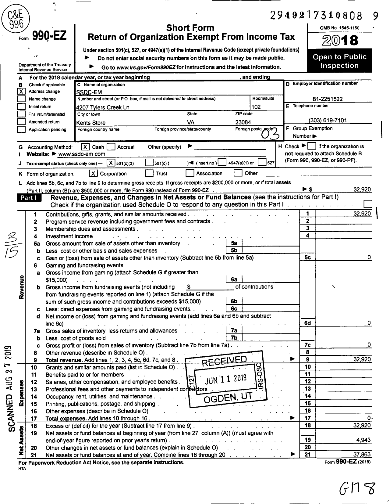 Image of first page of 2018 Form 990EZ for Ssdc-Em