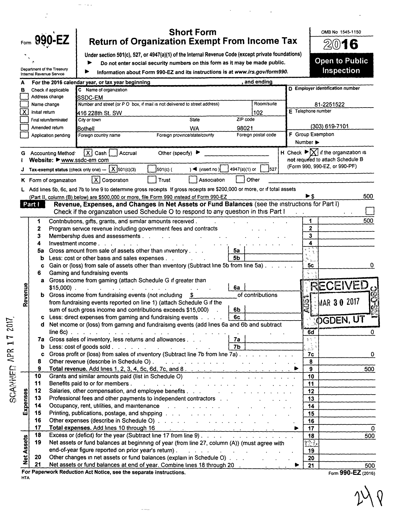 Image of first page of 2016 Form 990EZ for Ssdc-Em