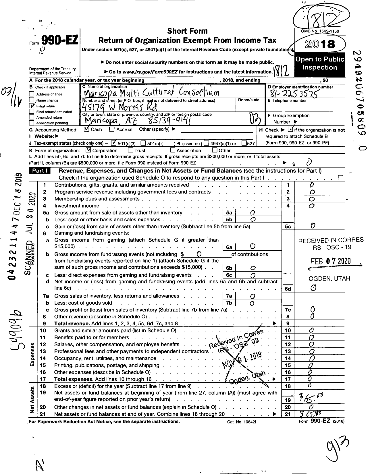 Image of first page of 2018 Form 990EZ for Maricopa Senior Coalition