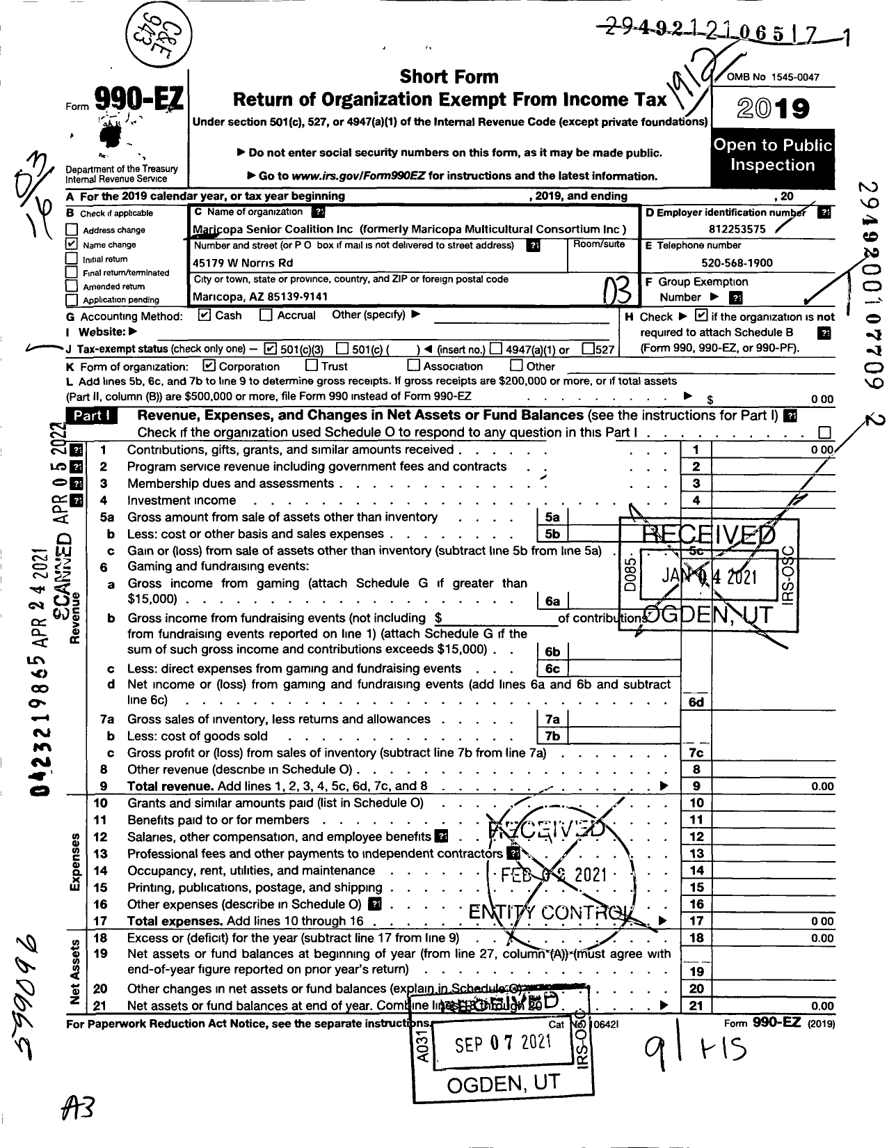 Image of first page of 2019 Form 990EZ for Maricopa Senior Coalition