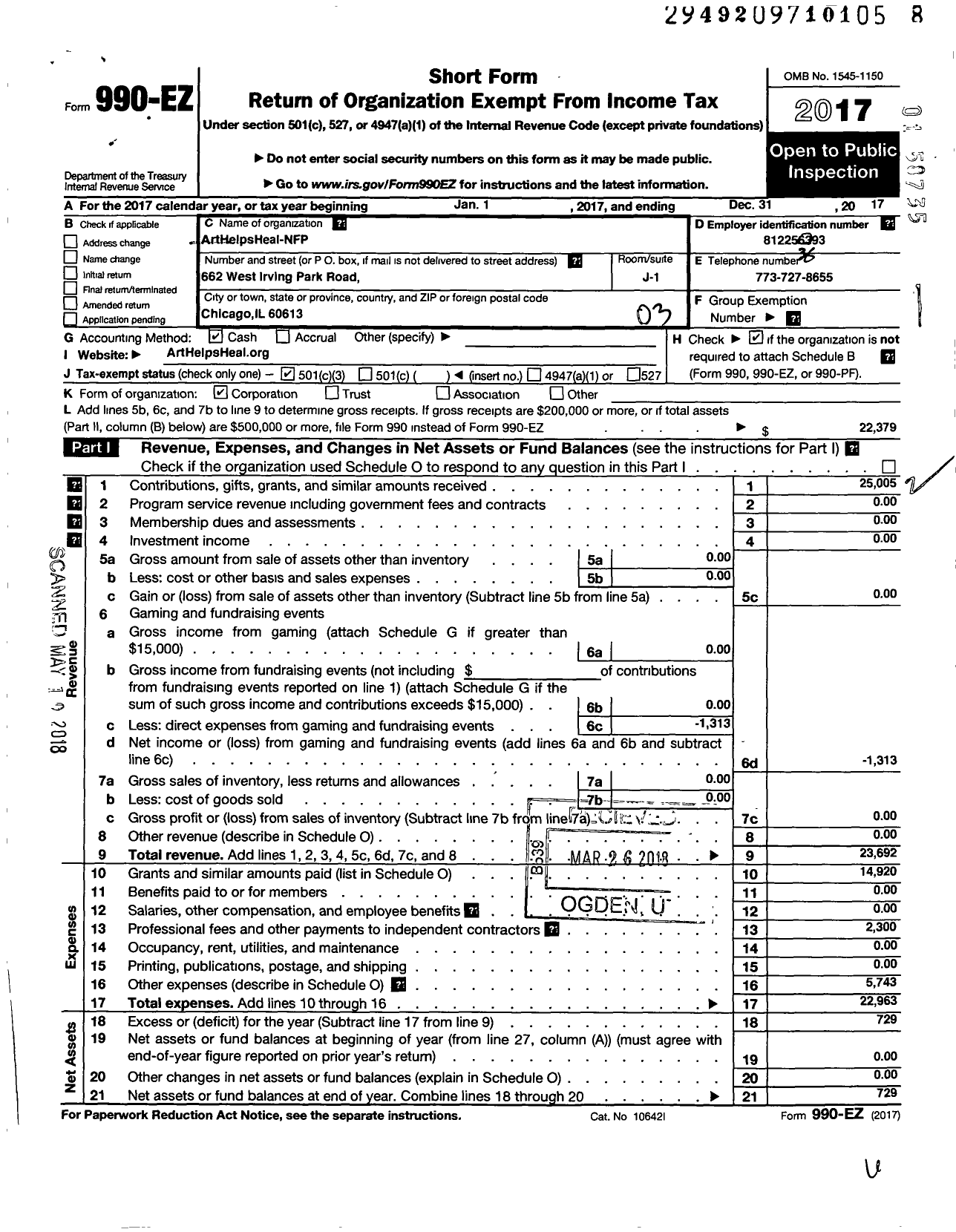 Image of first page of 2017 Form 990EZ for Art Helps Heal NFP