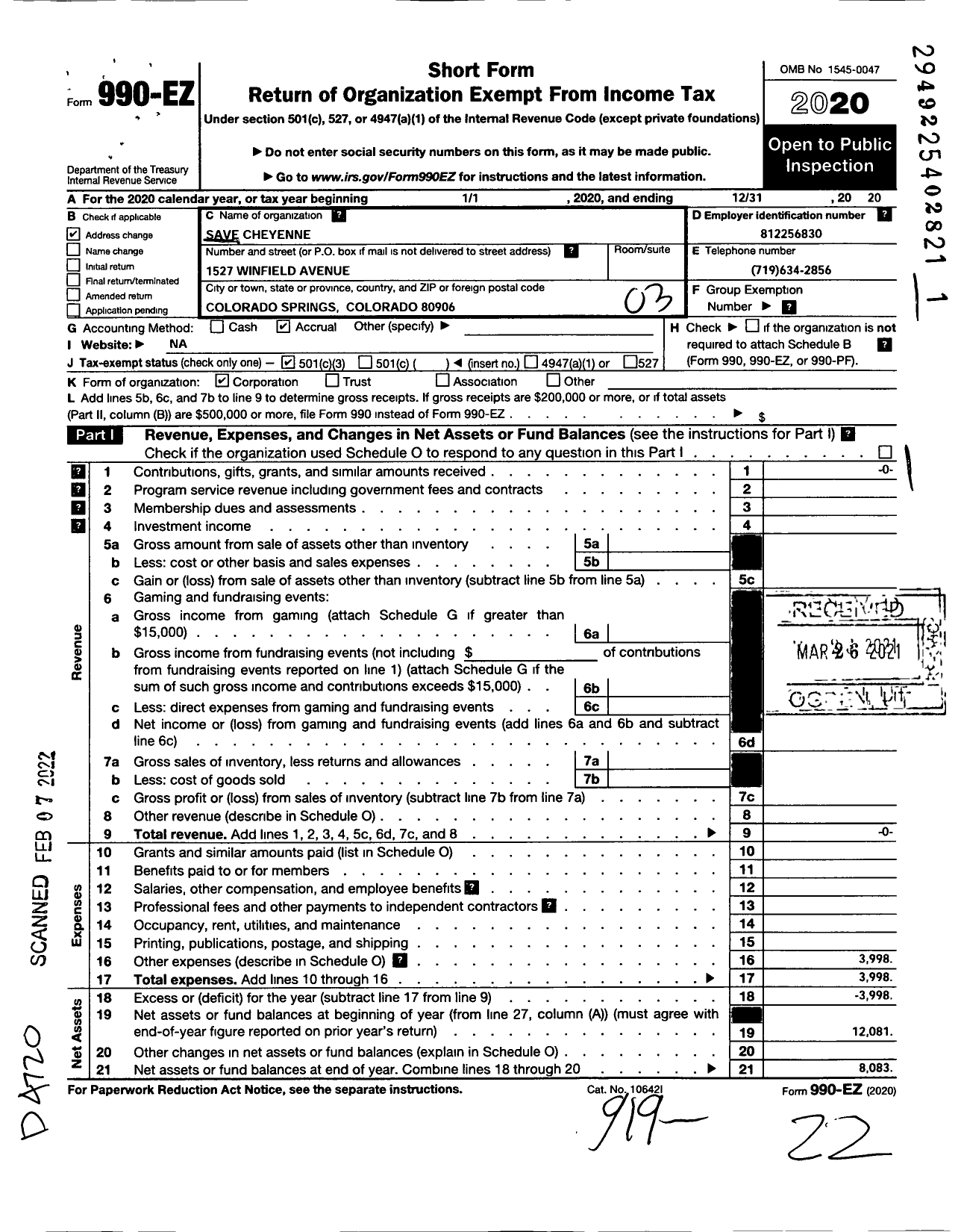 Image of first page of 2020 Form 990EZ for Save Cheyenne