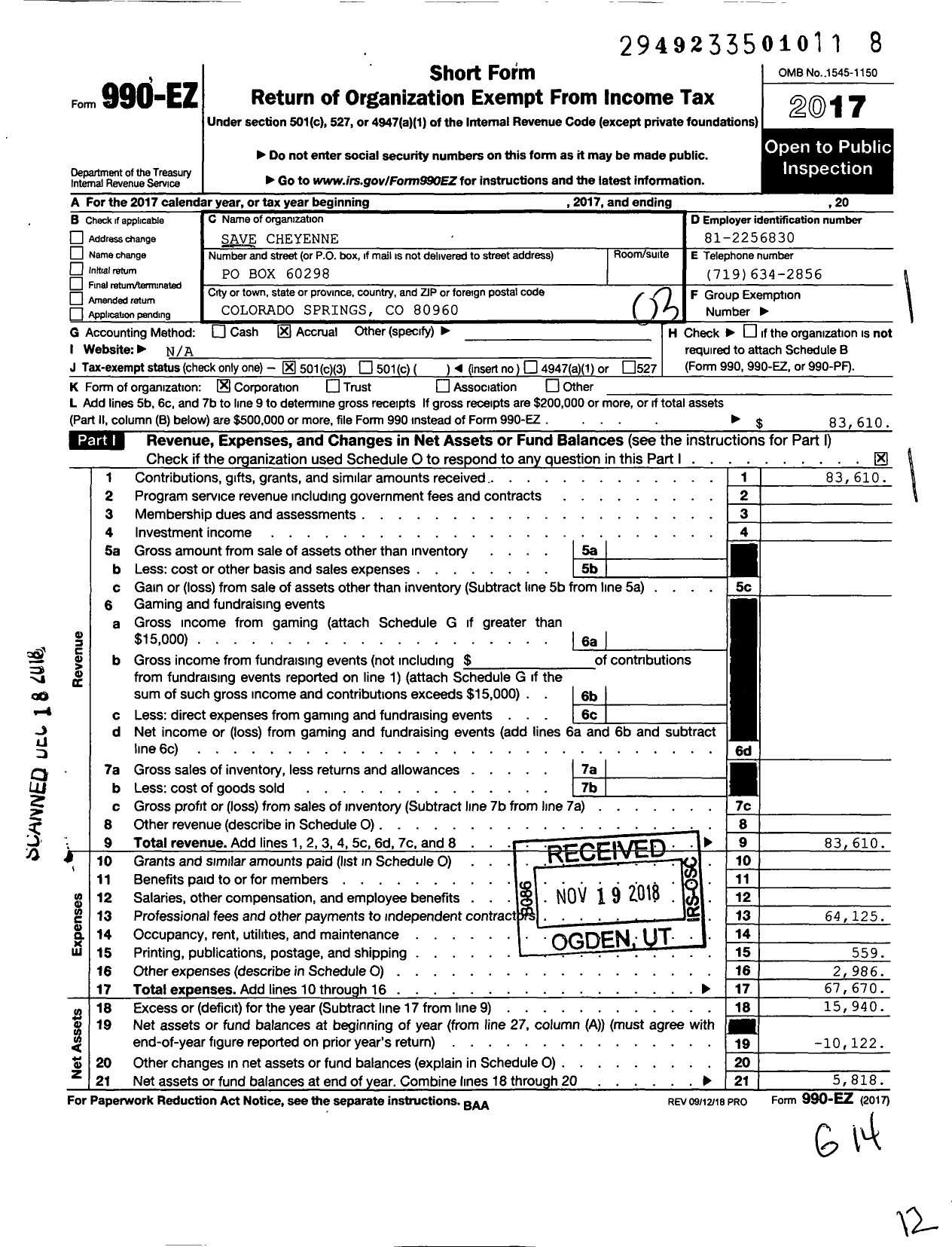 Image of first page of 2017 Form 990EZ for Save Cheyenne