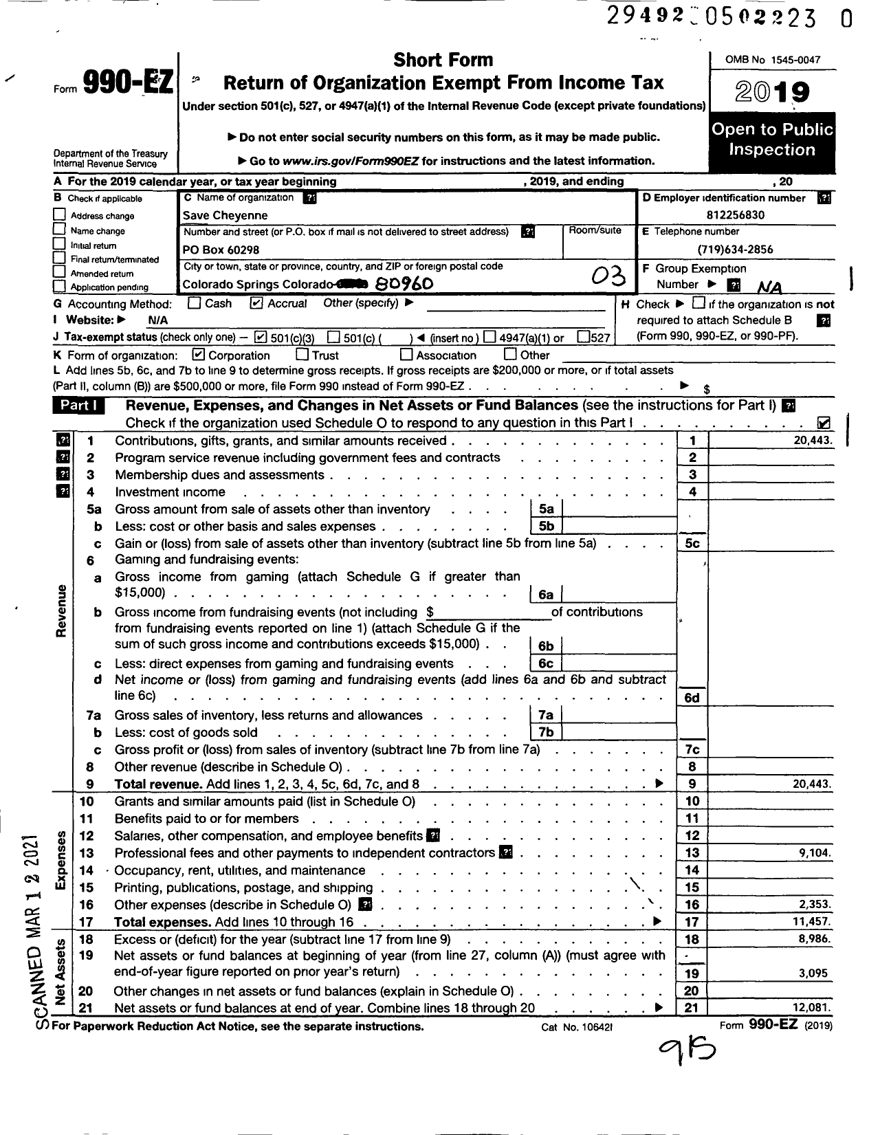 Image of first page of 2019 Form 990EZ for Save Cheyenne