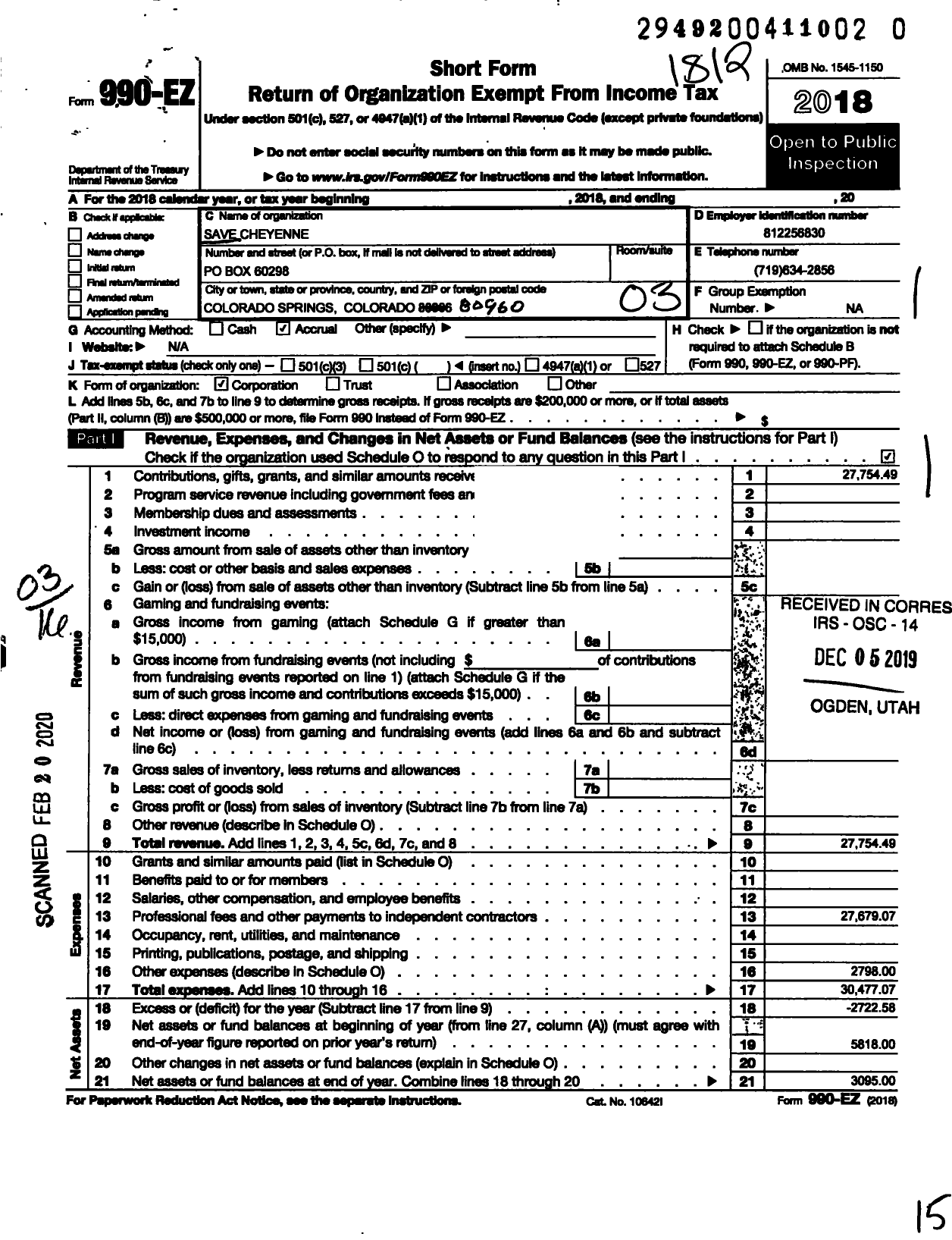 Image of first page of 2018 Form 990EZ for Save Cheyenne