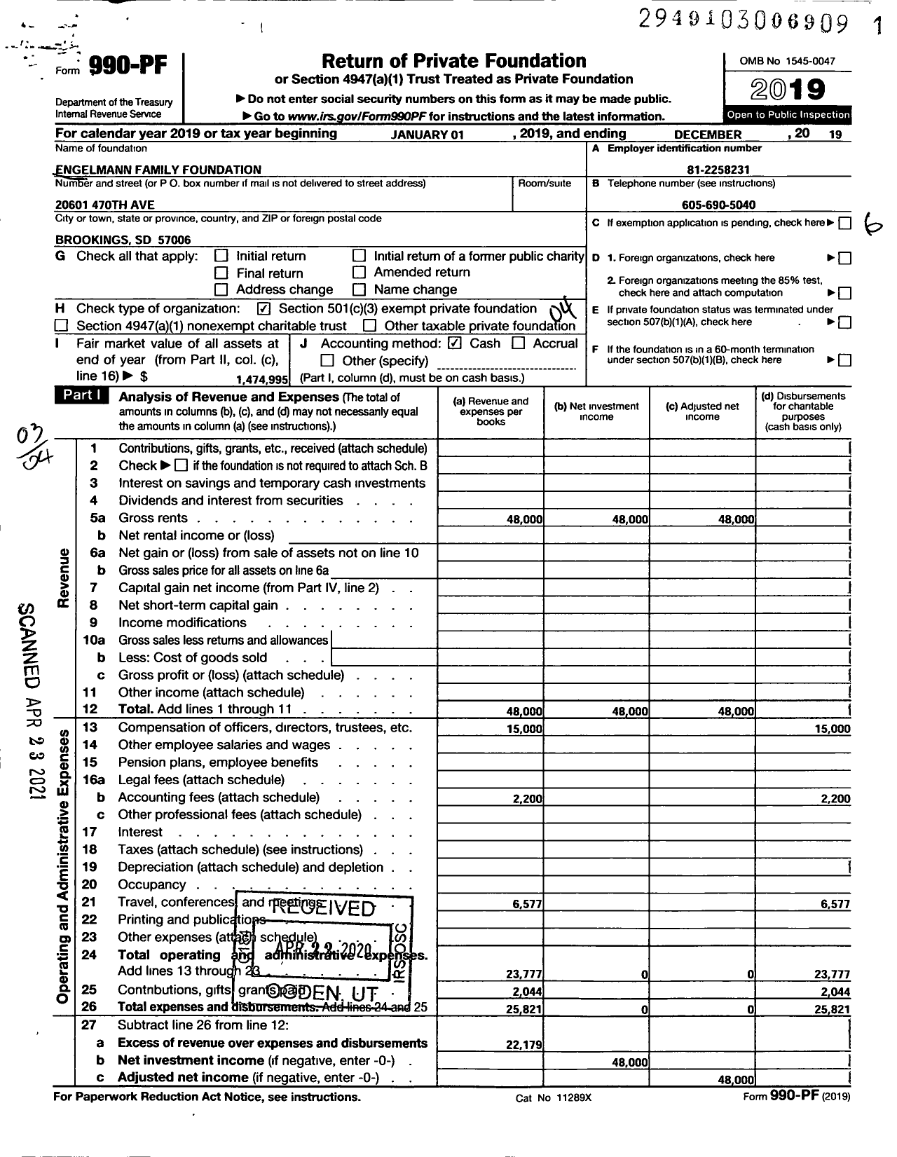 Image of first page of 2019 Form 990PF for Engelmann Family Foundation