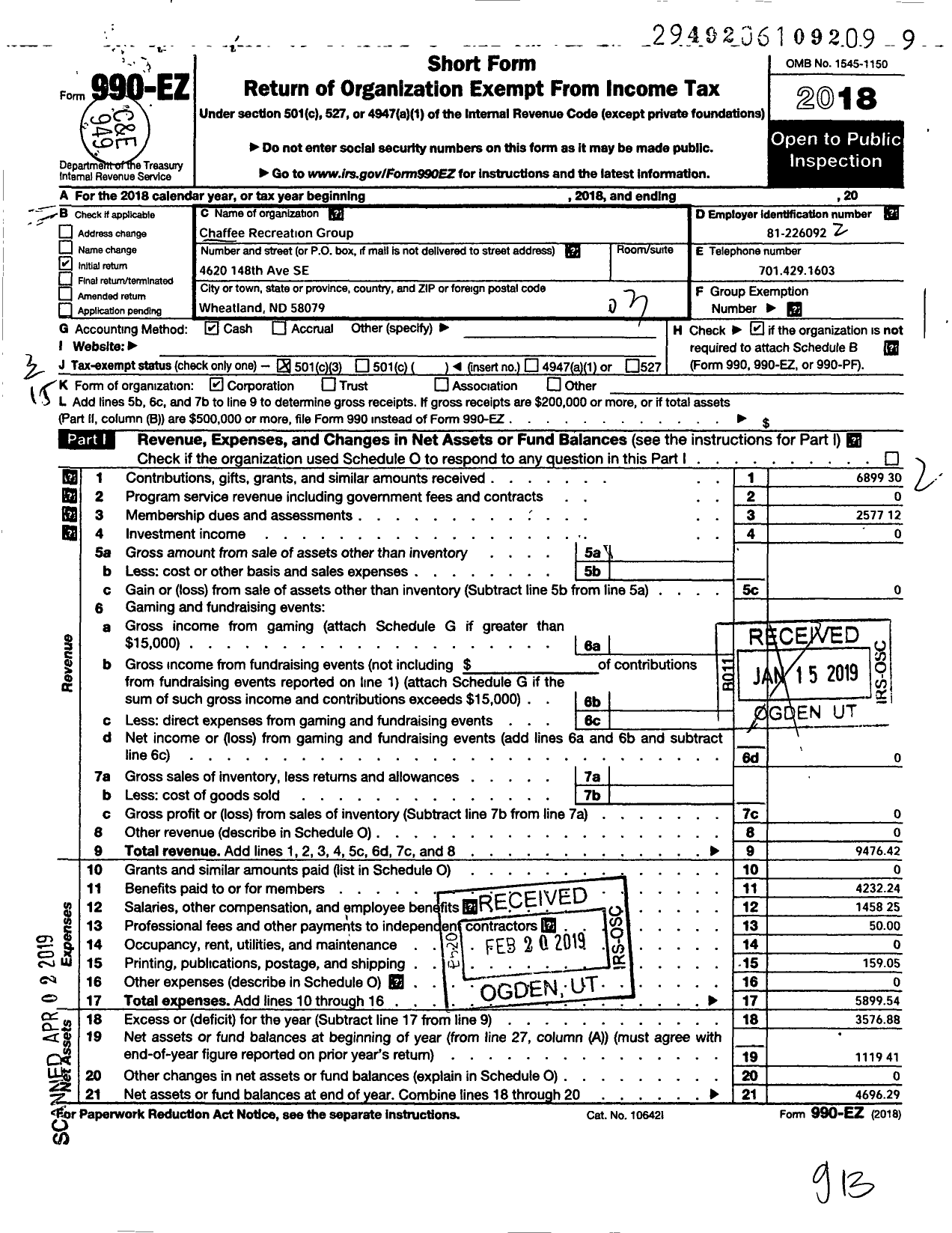 Image of first page of 2018 Form 990EZ for Chaffee Recreation Group