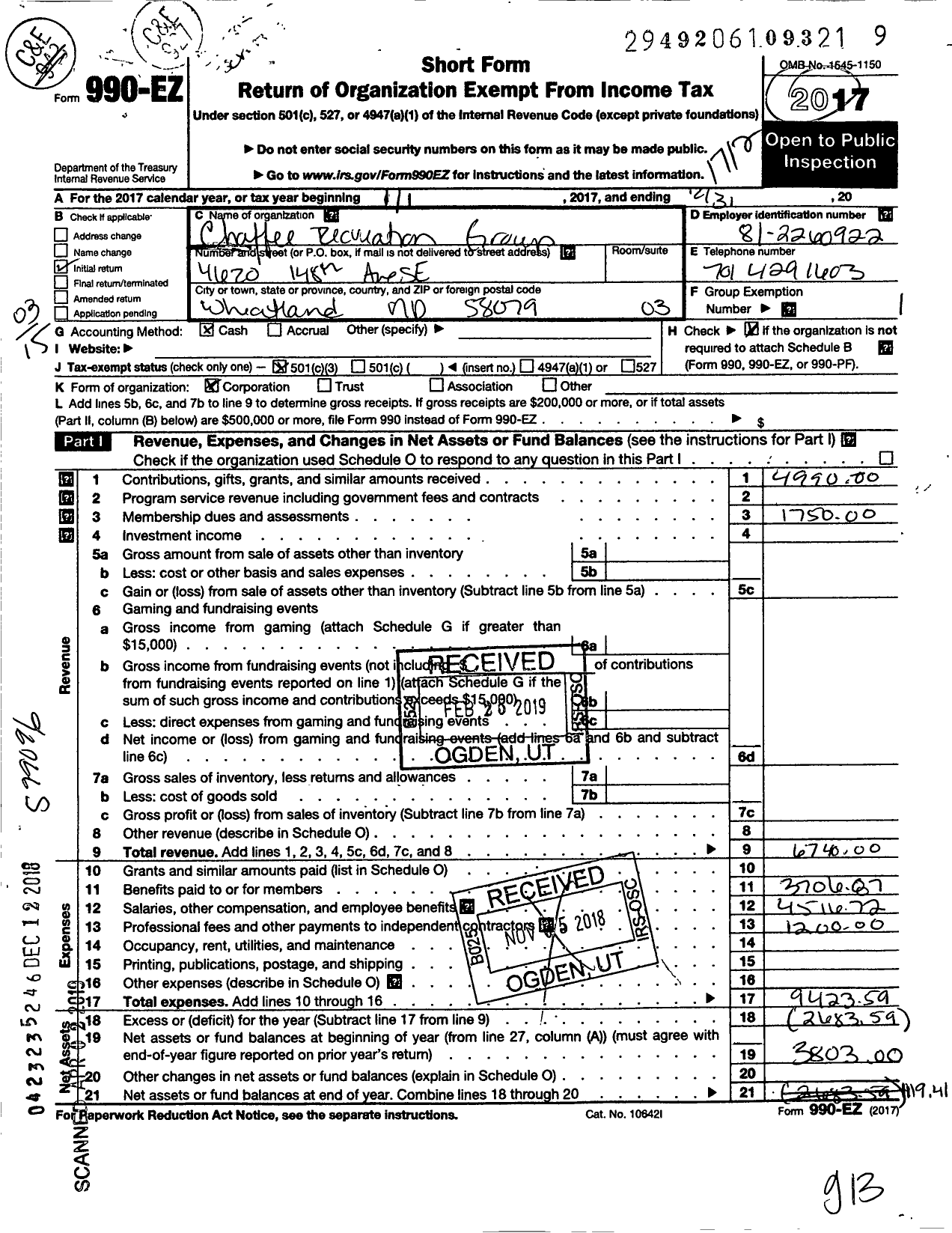 Image of first page of 2017 Form 990EZ for Chaffee Recreation Group