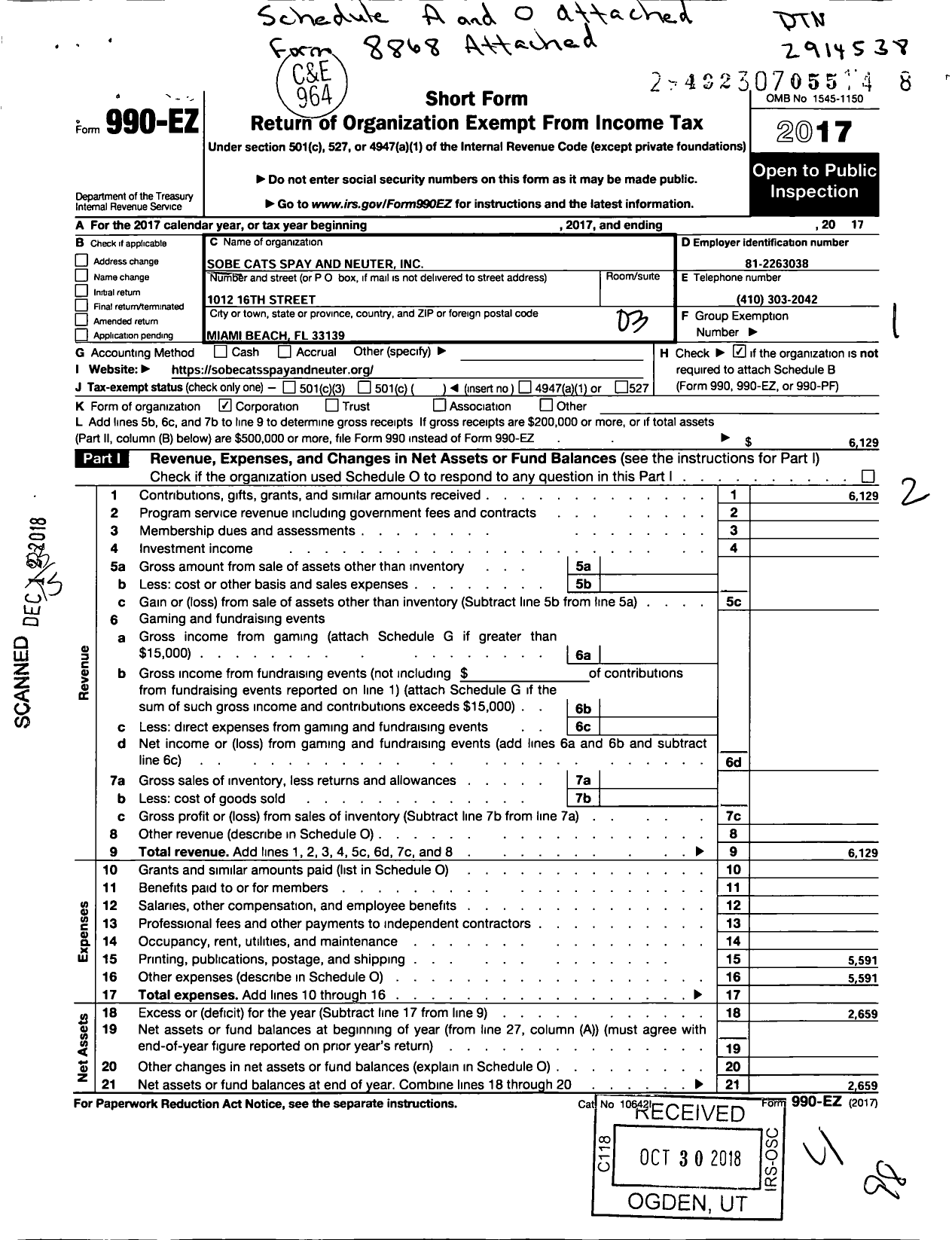 Image of first page of 2017 Form 990EZ for Sobe Cats Spay and Neuter