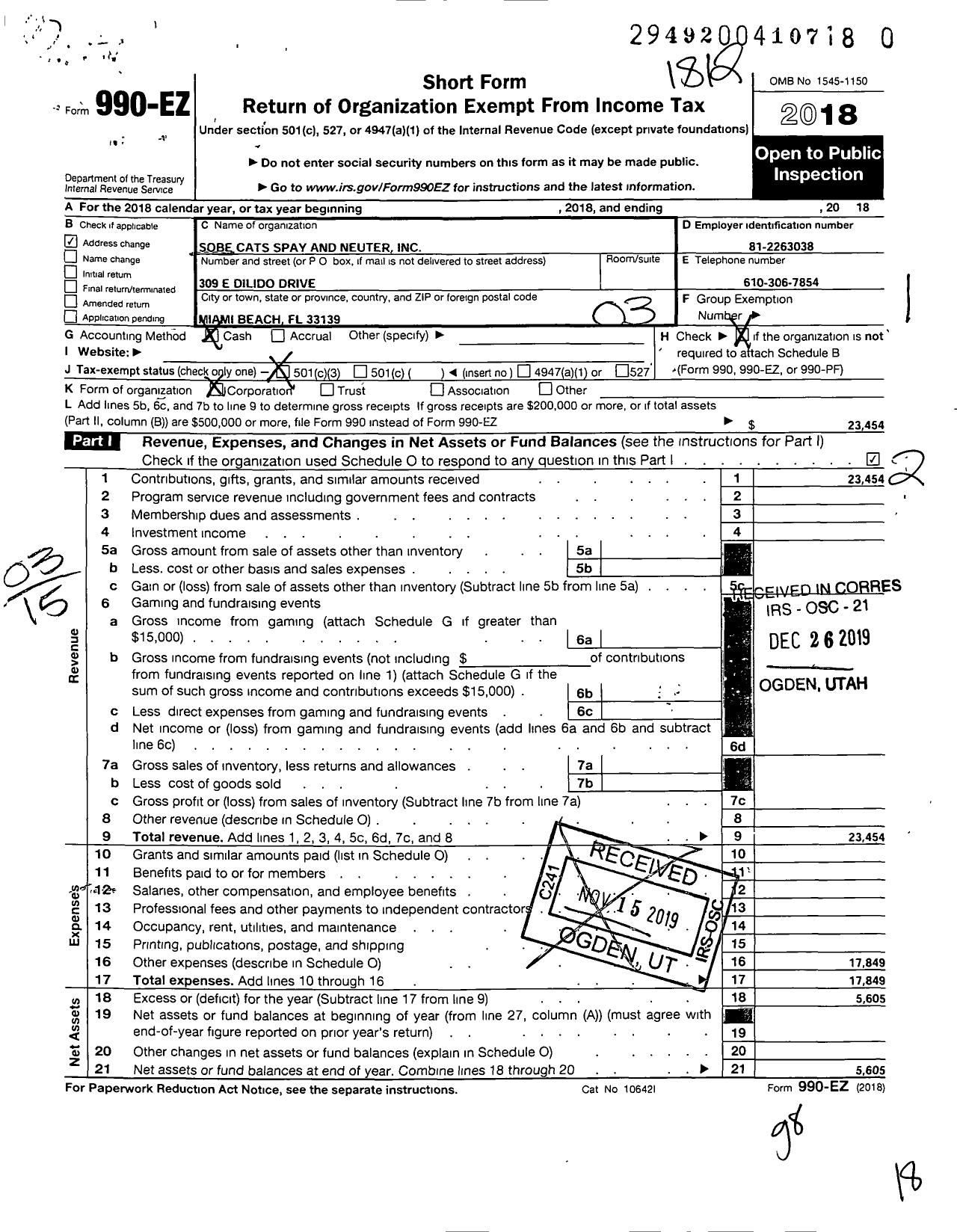 Image of first page of 2018 Form 990EZ for Sobe Cats Spay and Neuter