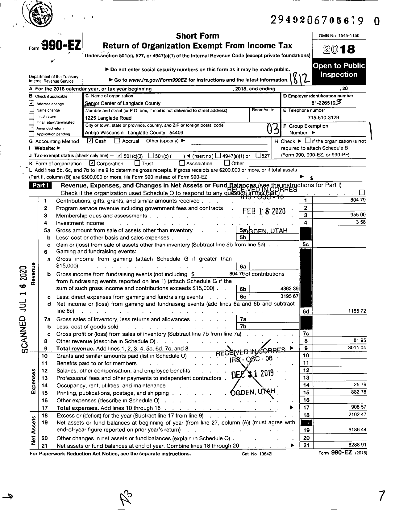 Image of first page of 2018 Form 990EZ for Senior Center of Langlade County In