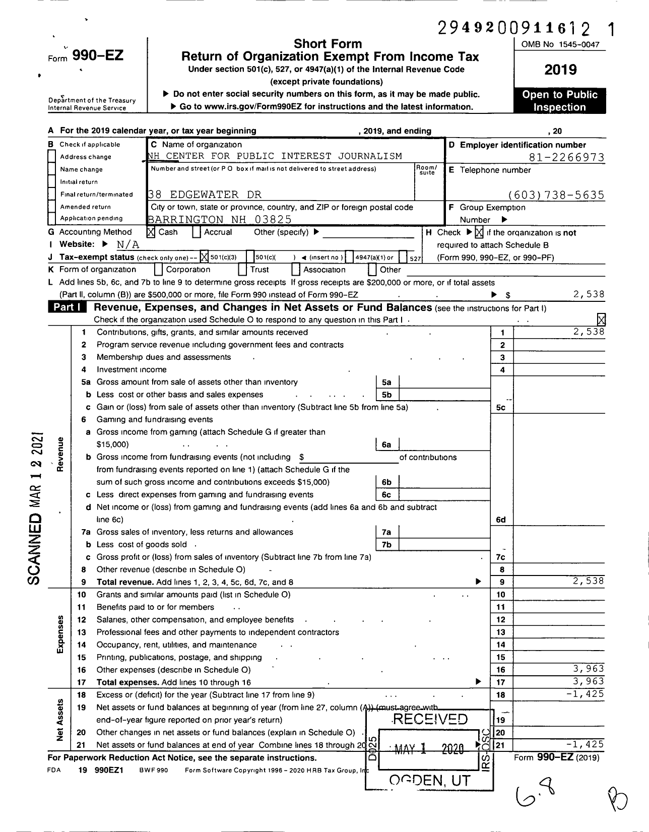 Image of first page of 2019 Form 990EZ for NH Center for Public Interest Journalism