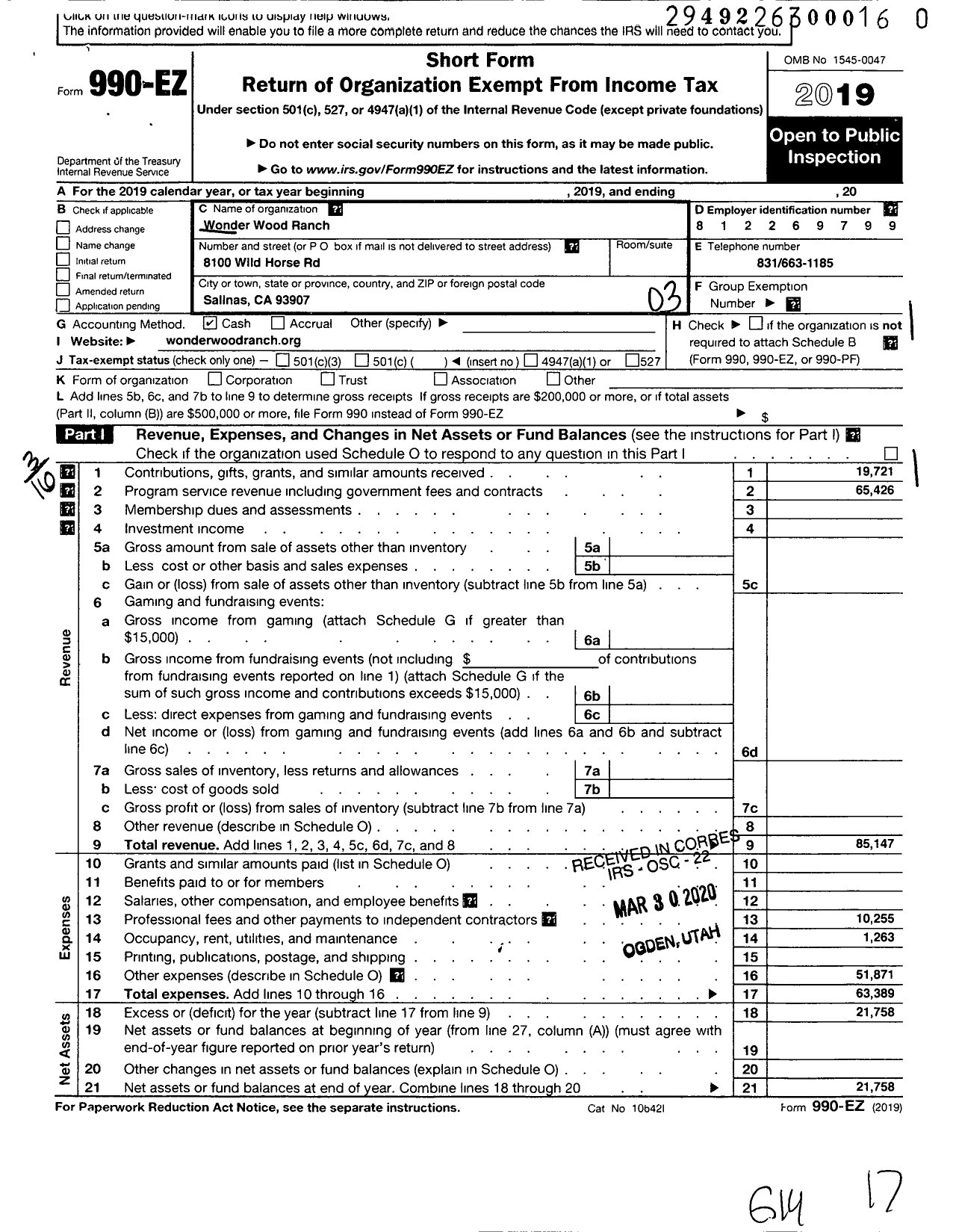 Image of first page of 2019 Form 990EZ for Wonder Wood Ranch