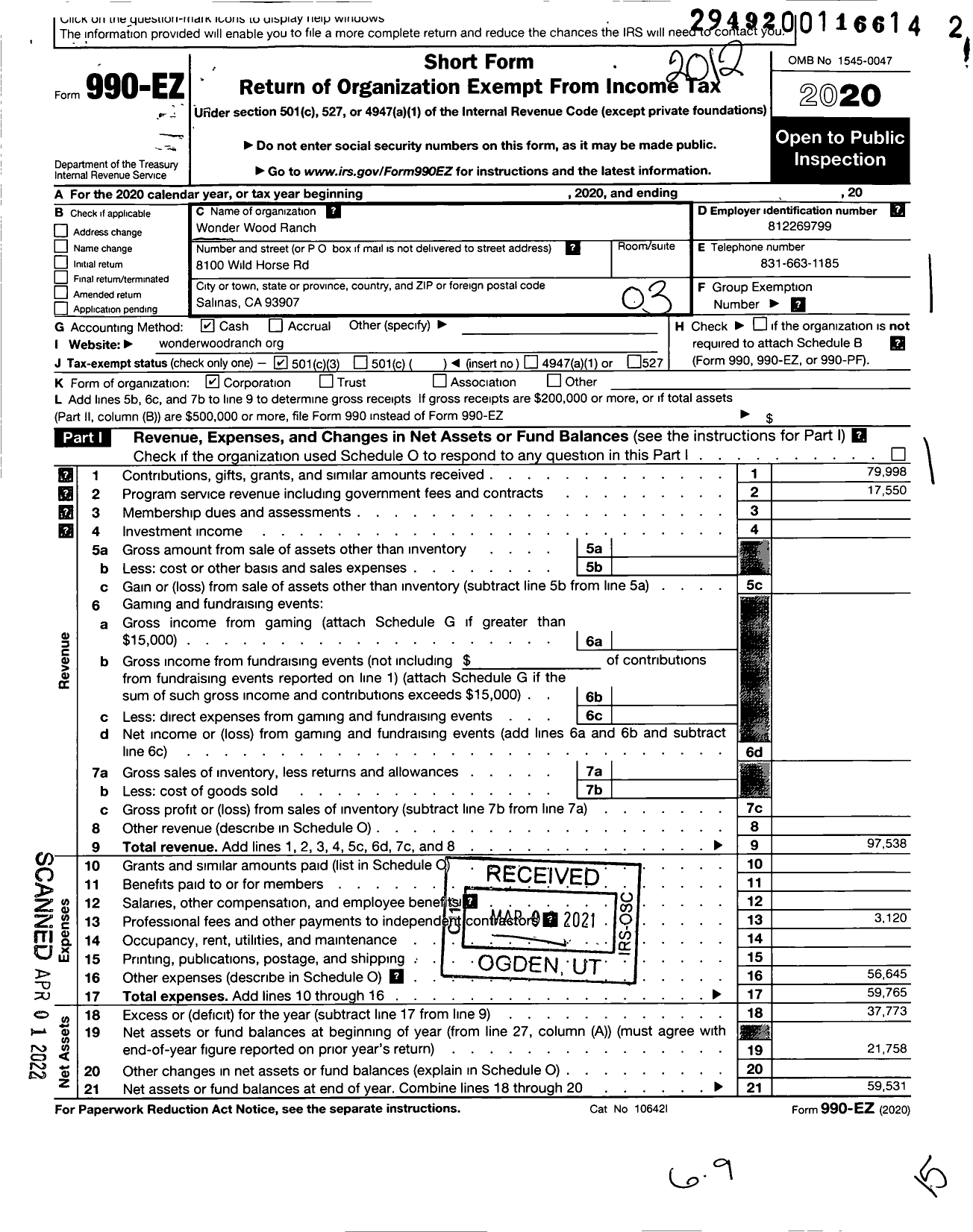 Image of first page of 2020 Form 990EZ for Wonder Wood Ranch