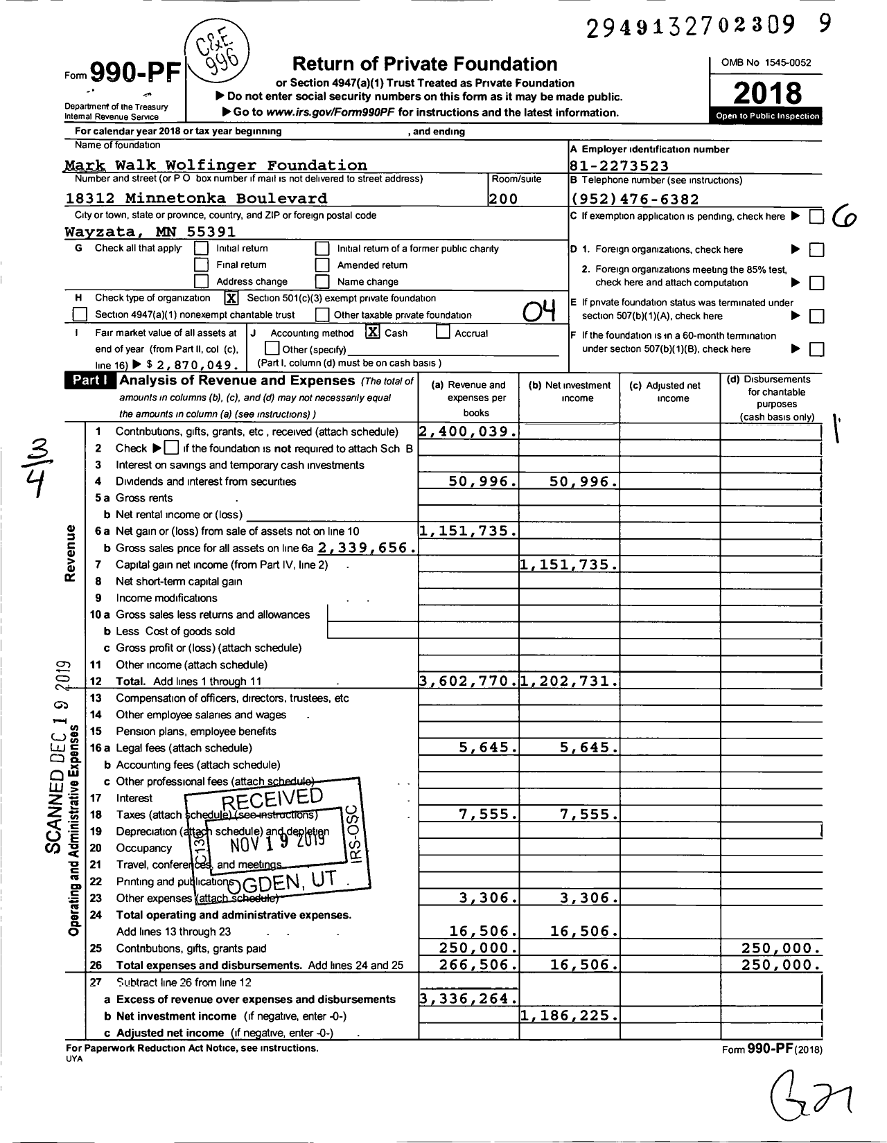 Image of first page of 2018 Form 990PF for Mark Walk Wolfinger Foundation