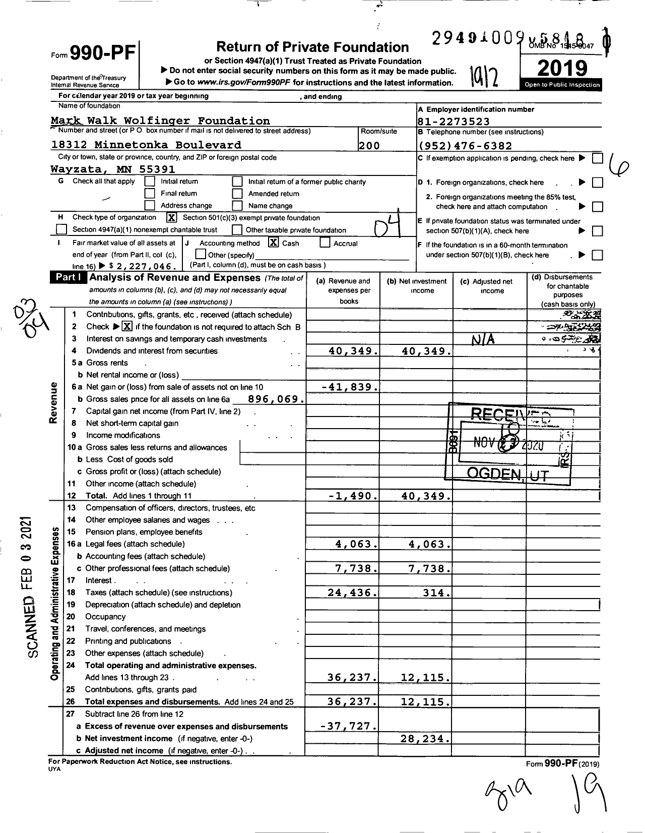 Image of first page of 2019 Form 990PF for Mark Walk Wolfinger Foundation