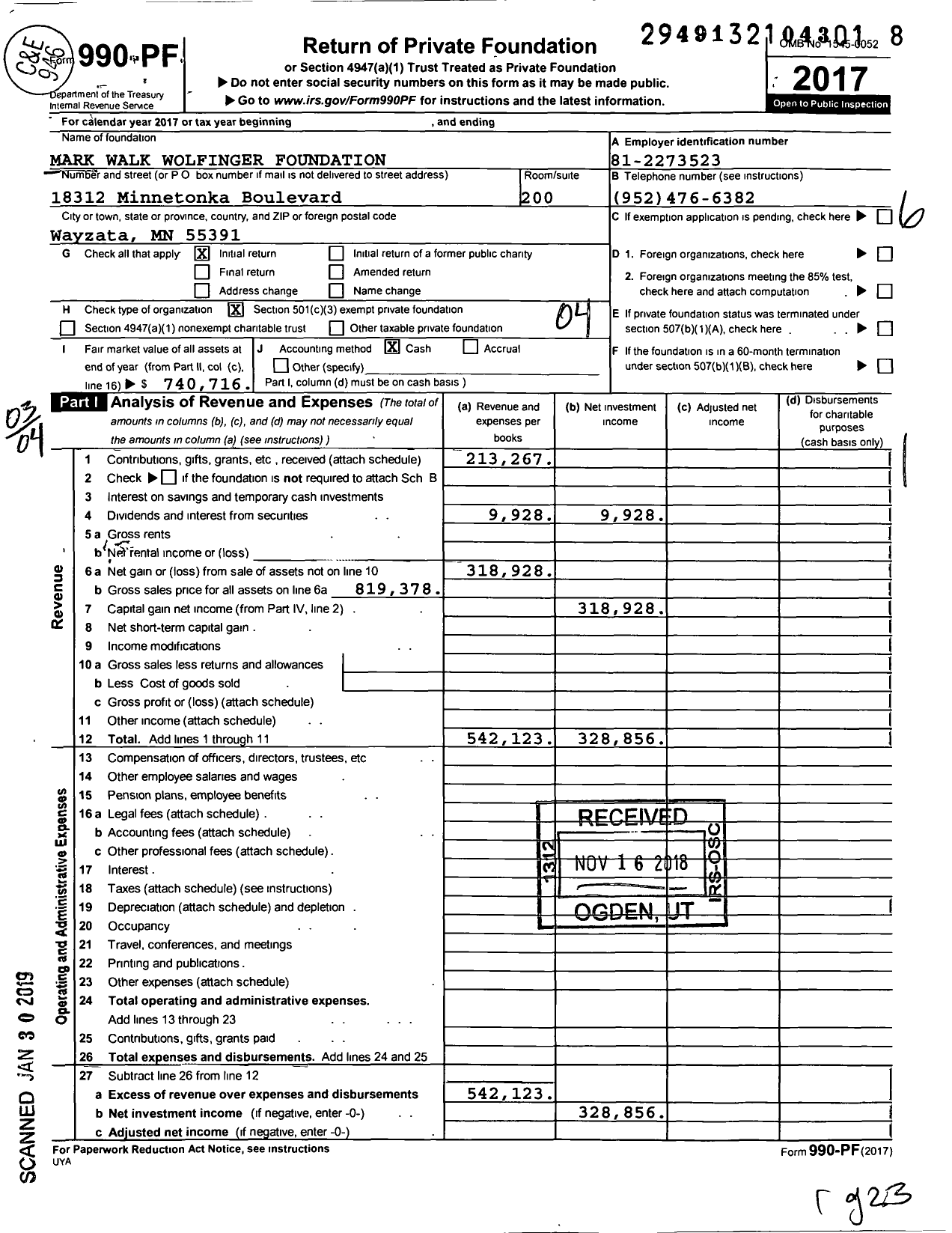 Image of first page of 2017 Form 990PF for Mark Walk Wolfinger Foundation