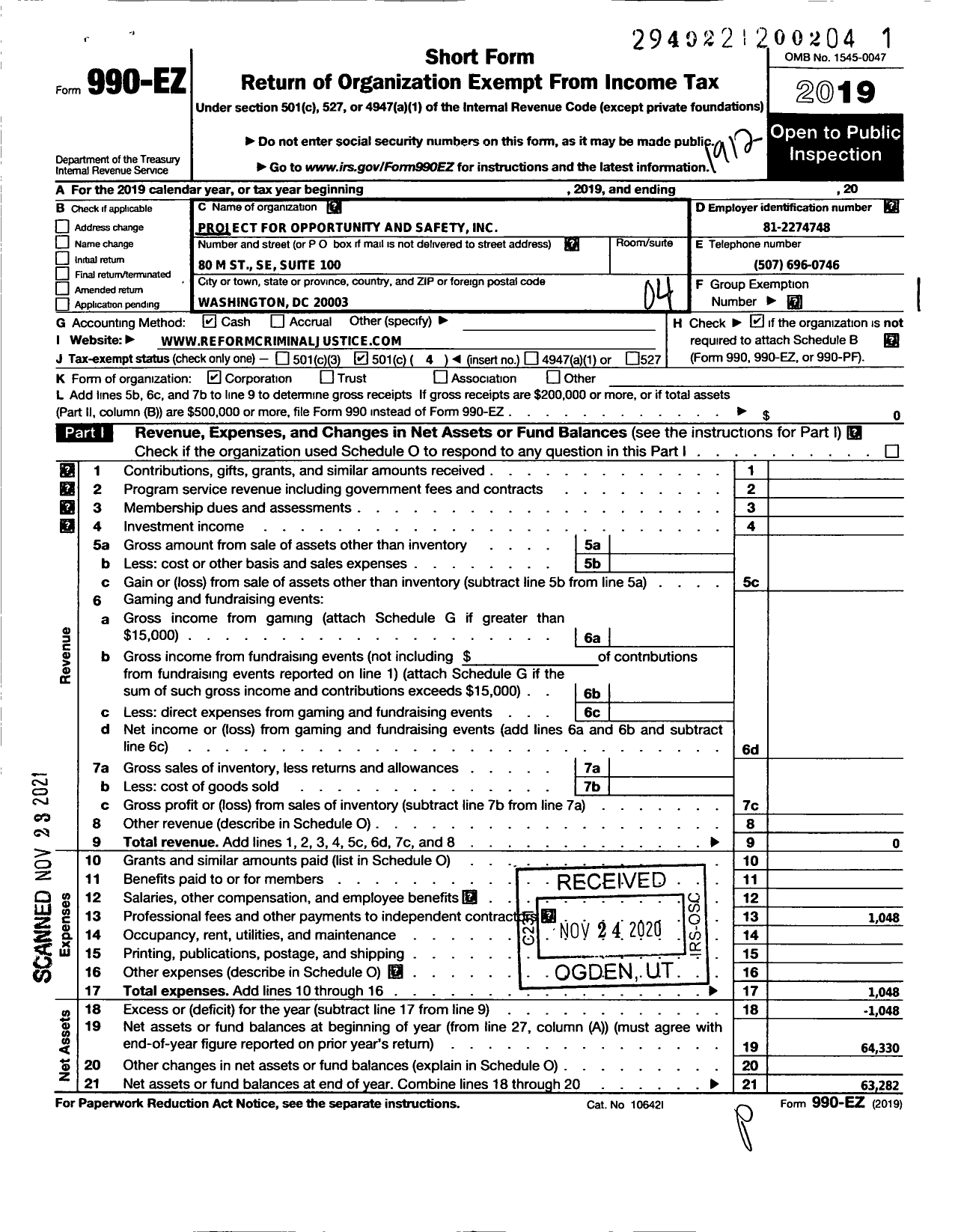 Image of first page of 2019 Form 990EO for Project for Opportunity and Safety