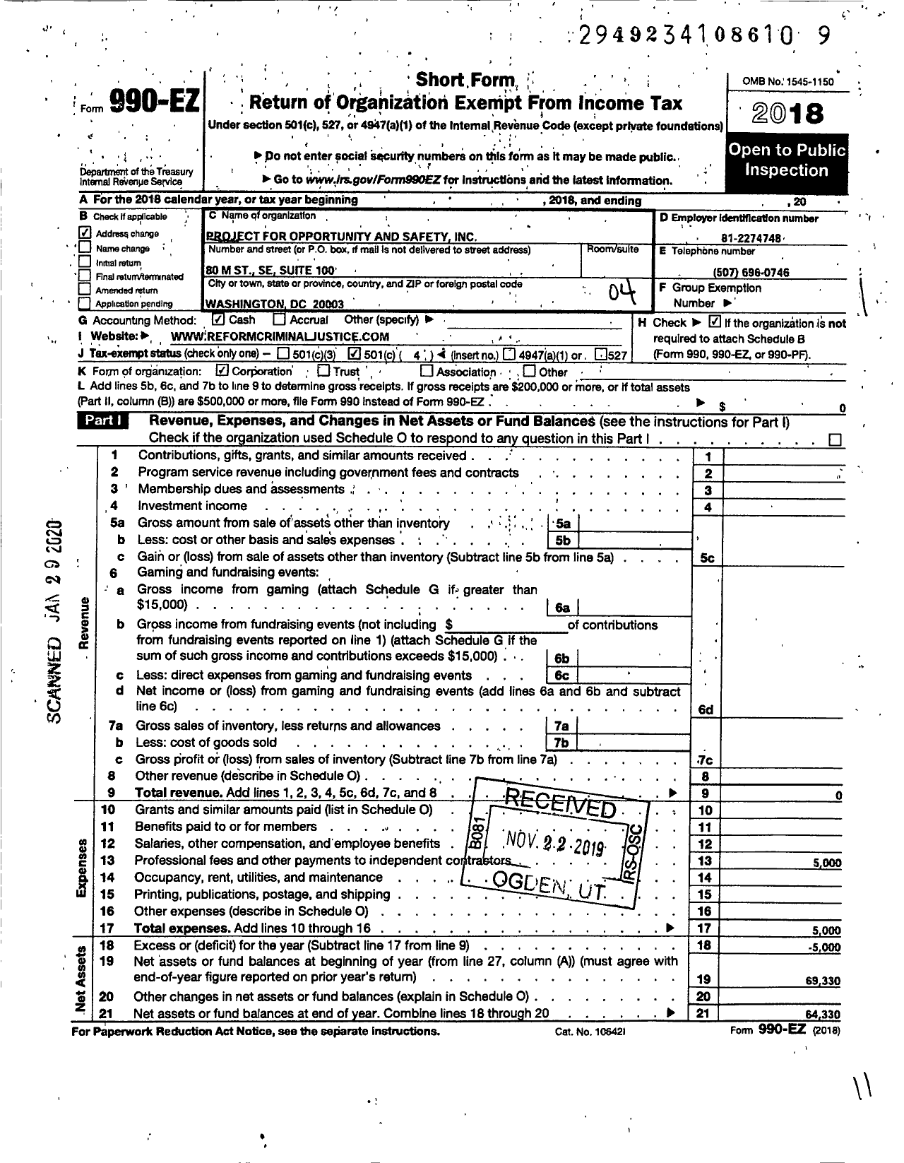 Image of first page of 2018 Form 990EO for Project for Opportunity and Safety