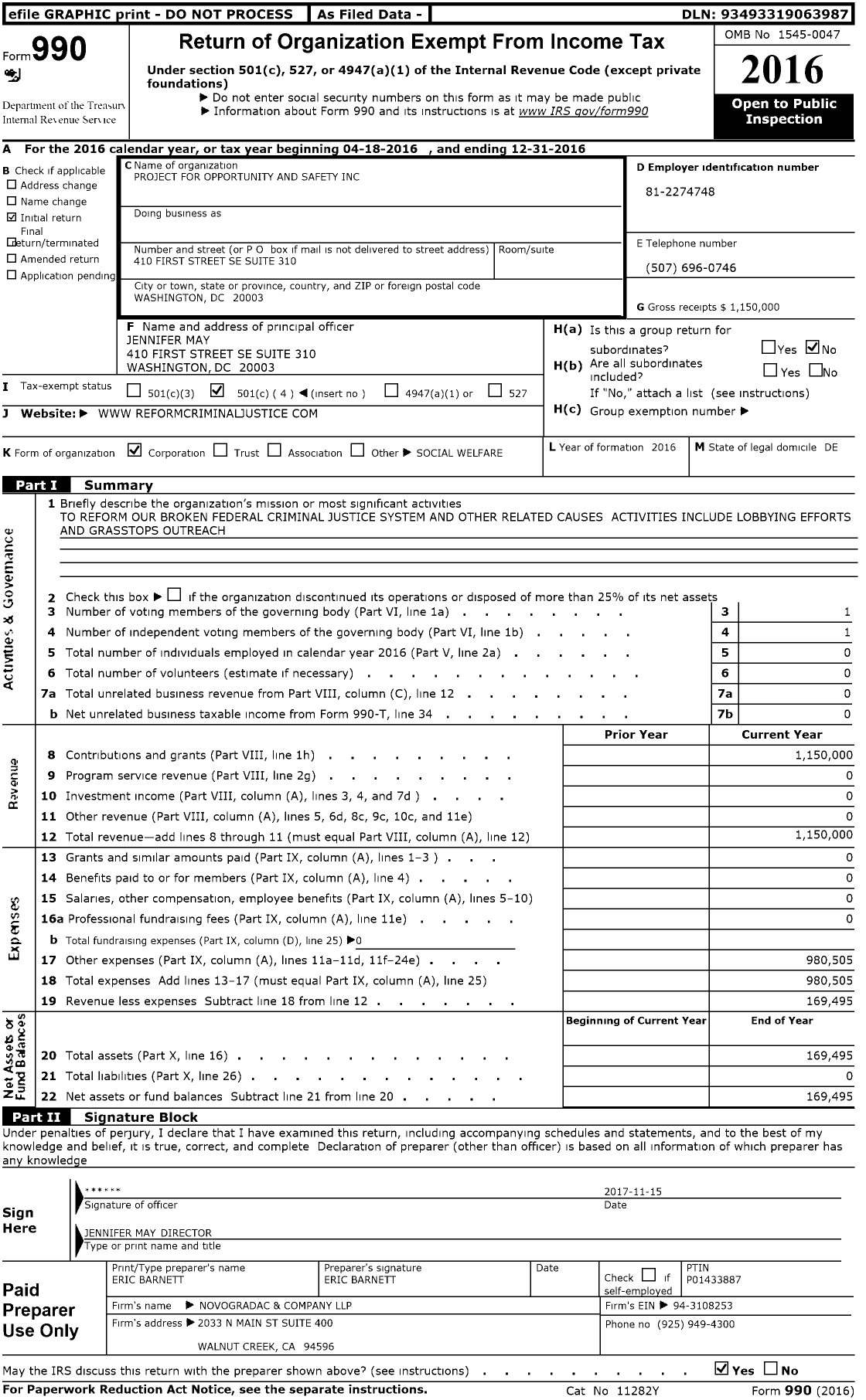 Image of first page of 2016 Form 990O for Project for Opportunity and Safety