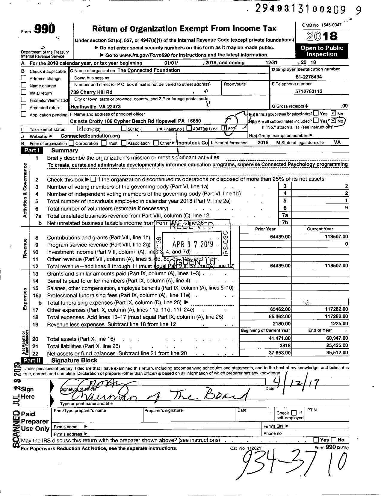 Image of first page of 2018 Form 990 for Connected Foundation