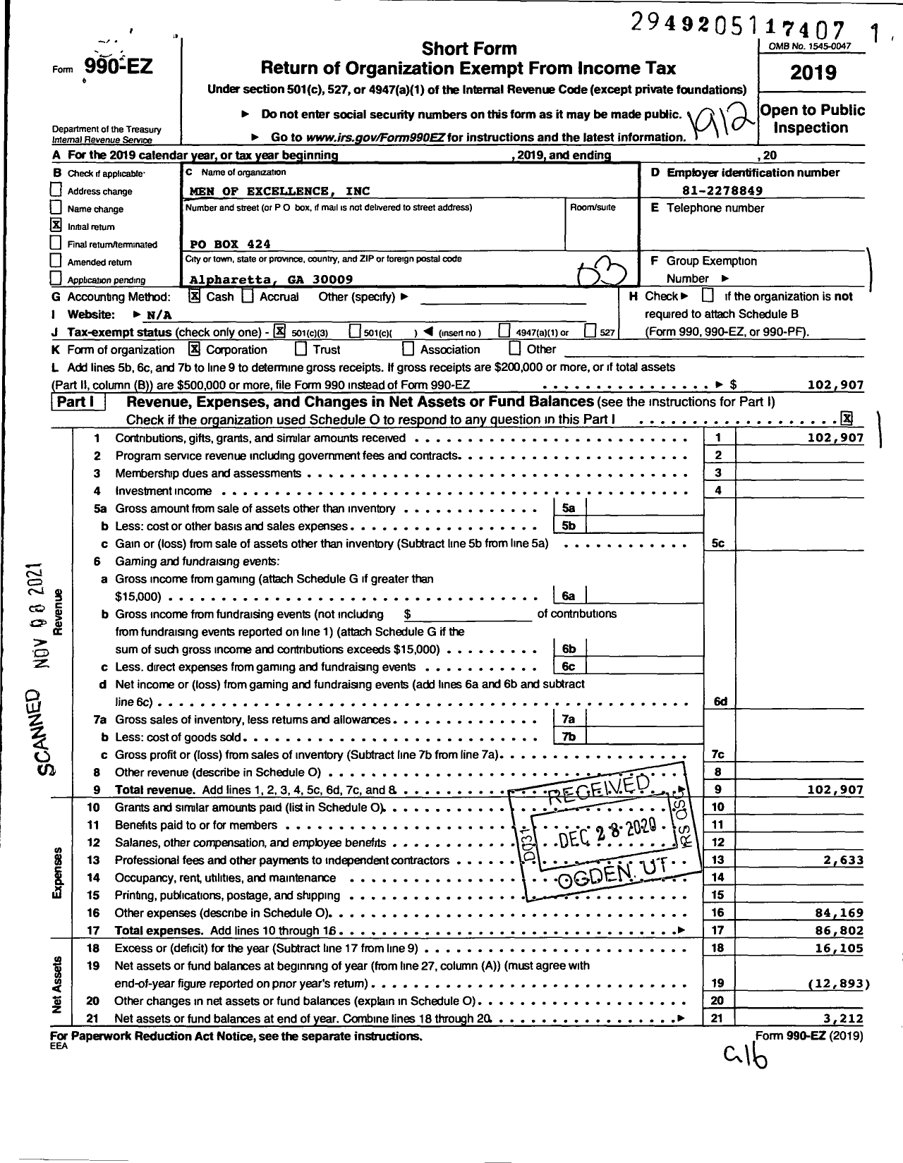 Image of first page of 2019 Form 990EZ for Men of Excellence