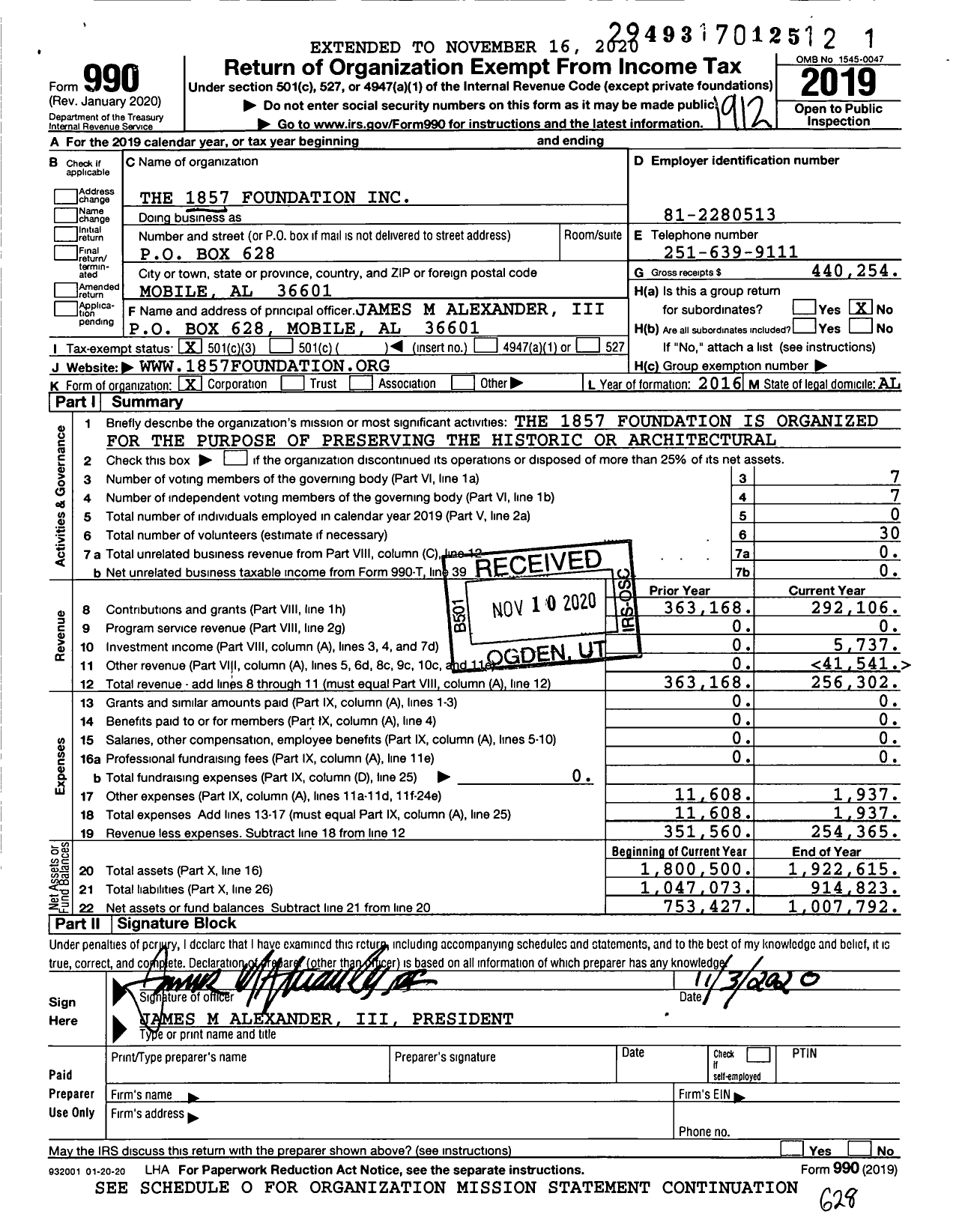 Image of first page of 2019 Form 990 for The 1857 Foundation