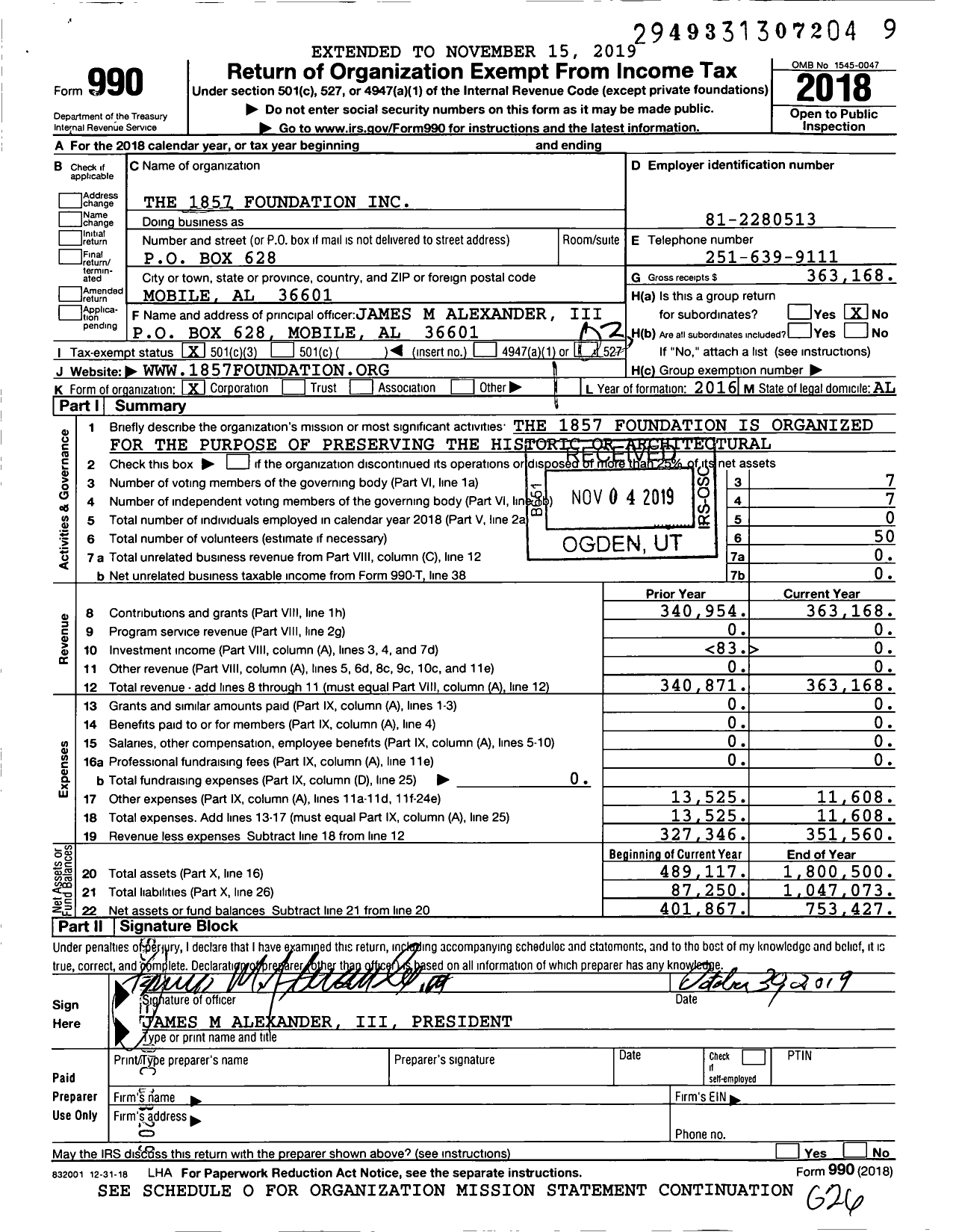 Image of first page of 2018 Form 990 for The 1857 Foundation