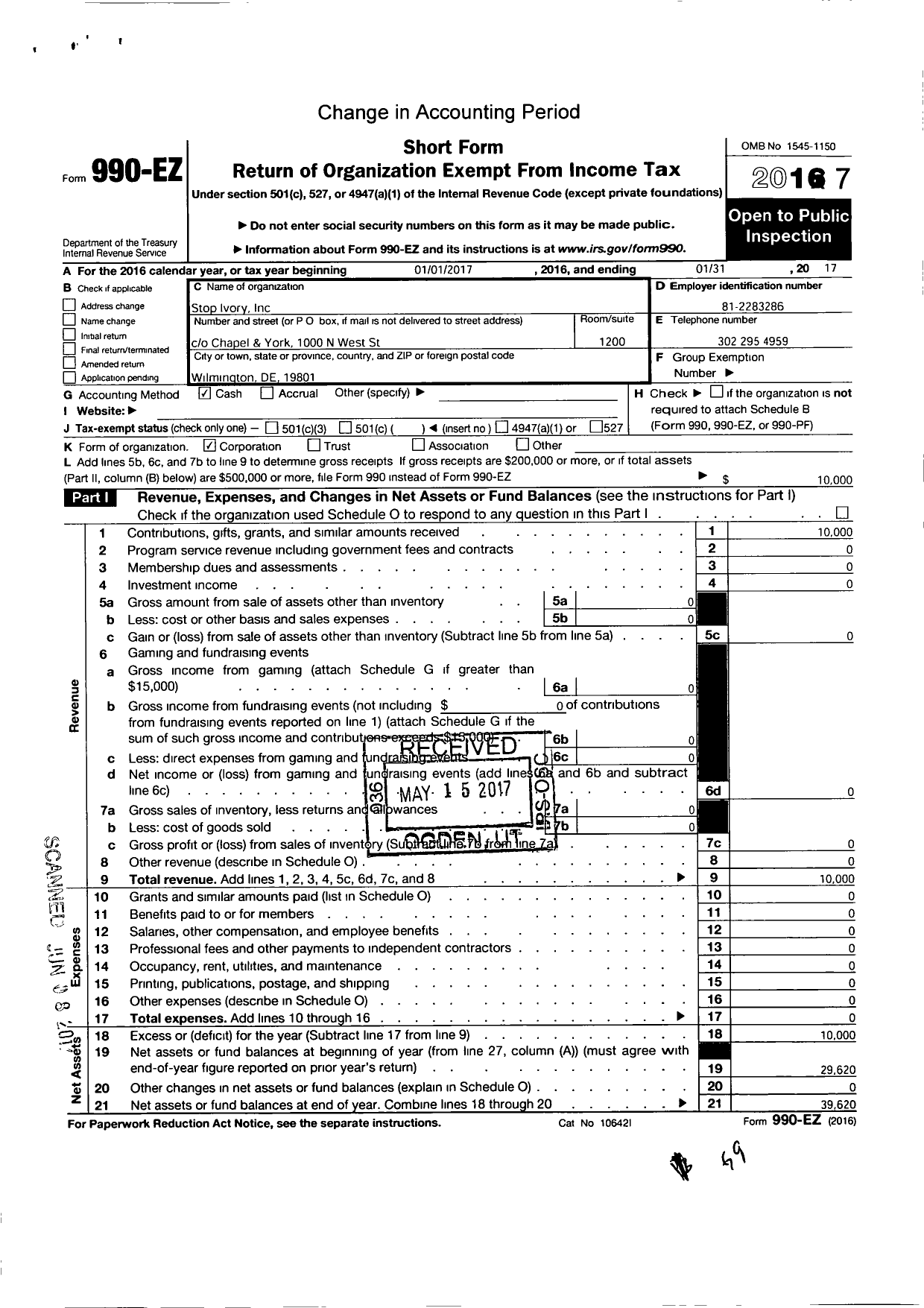 Image of first page of 2016 Form 990EO for Stop Ivory