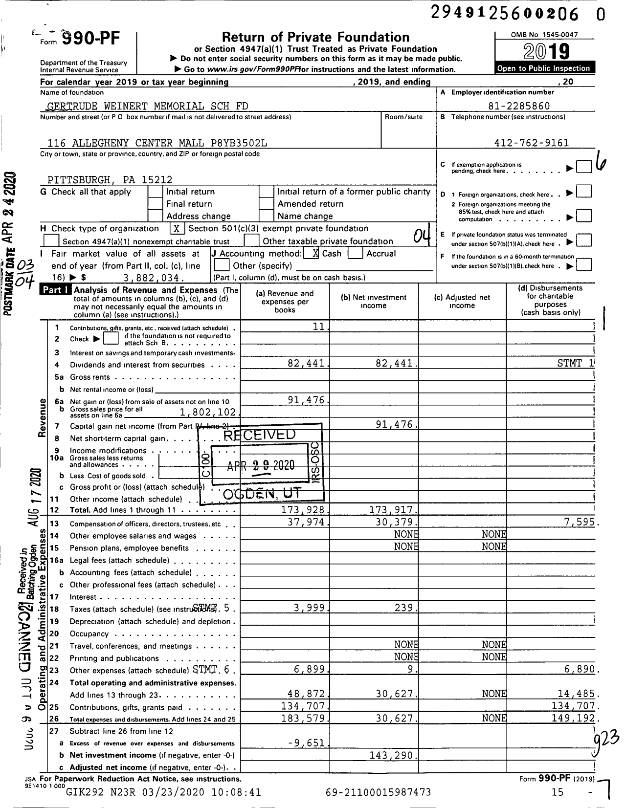 Image of first page of 2019 Form 990PR for Gertrude Weinert Memorial SCH Fund