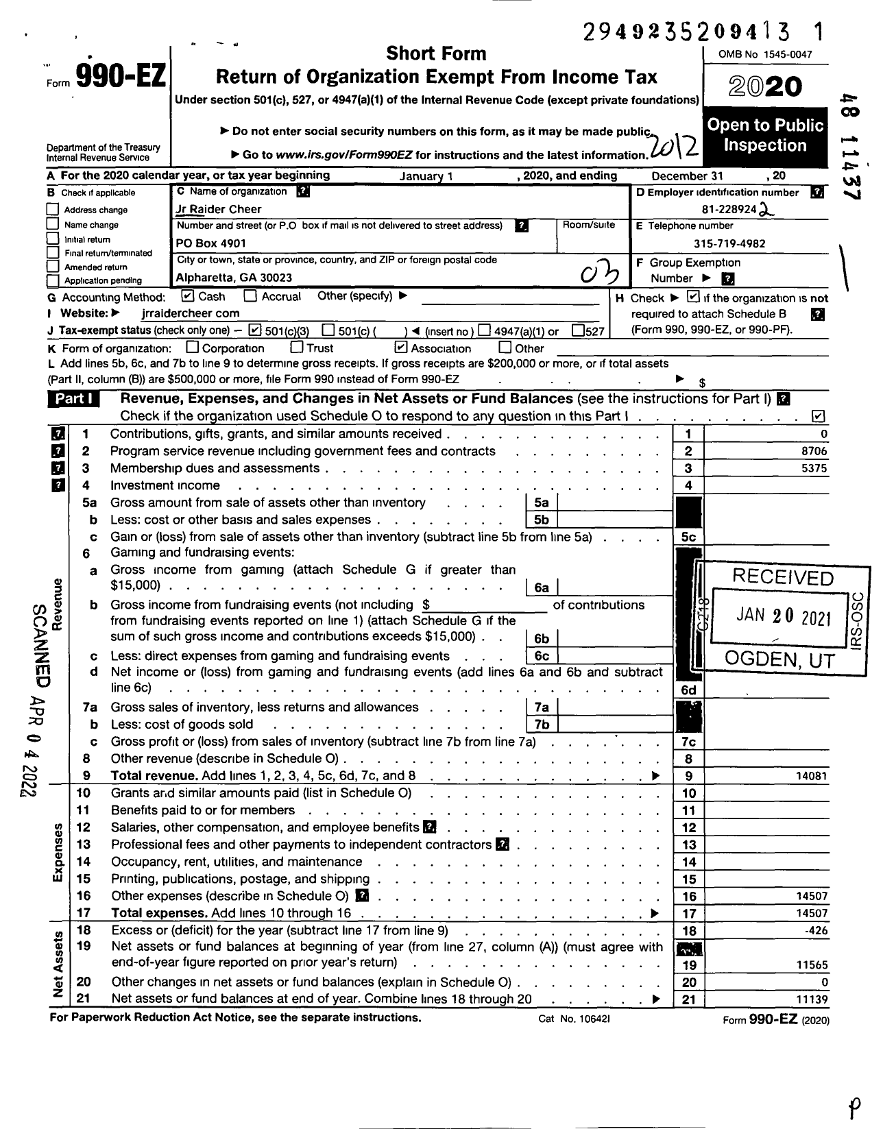 Image of first page of 2020 Form 990EZ for Alpharetta Junior Raiders Cheer